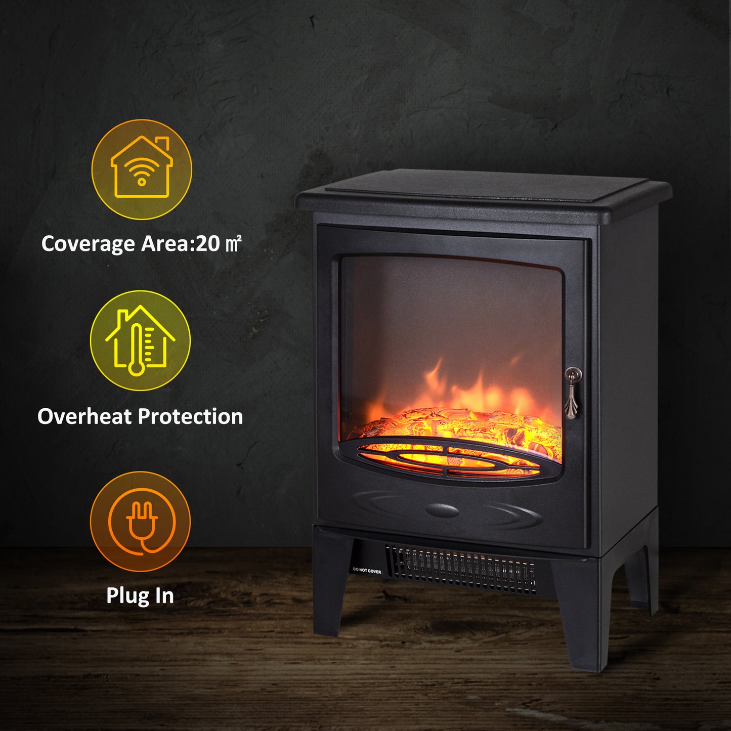 HOMCOM Tempered Glass Casing Electric Fireplace, Freestanding Electric Fire with Realistic Flame Effect, Log Burner with Overheat Protection, 950w/ 1850W, Black