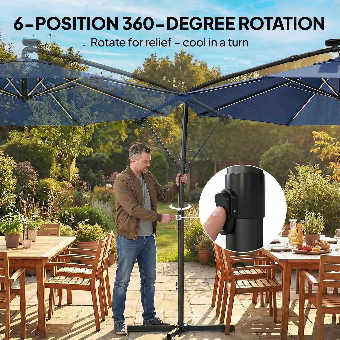 Outsunny 3 m Garden Cantilever Parasol with LED Solar Light, Round Overhanging Umbrella with 360Â° Rotation, Cover, Navy Blue