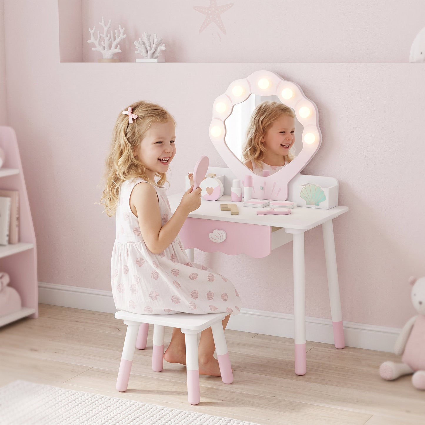 AIYAPLAY Kids Vanity Set, Kids Dressing Table with Chair, Acrylic Mirror, Lighted Bulbs, 7-Piece Accessories, for 3-8 Years, Pink