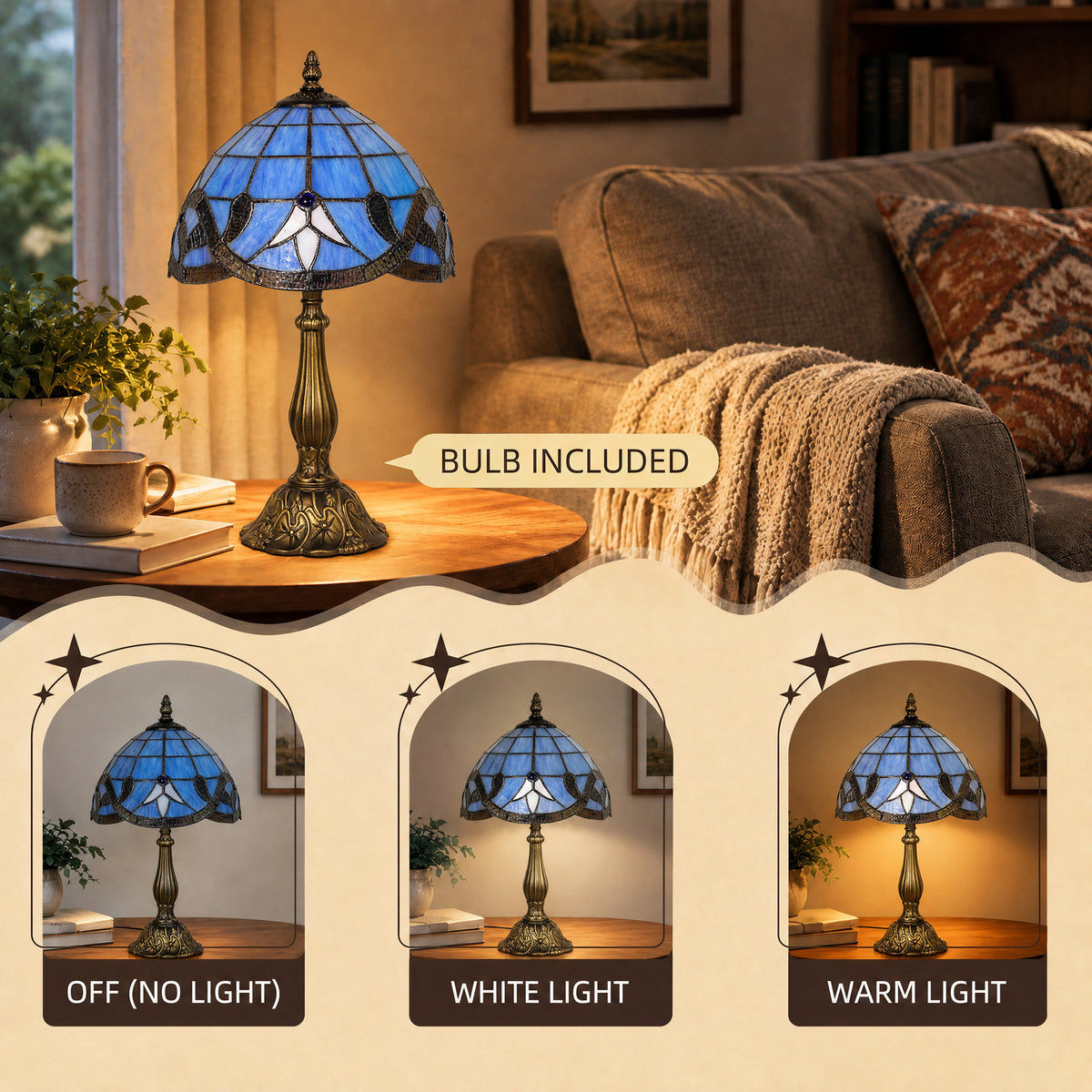 HOMCOM Tiffany Stained Glass Table Lamp, Handmade Antique Bedside Lamp for Bedroom, Living Room, Nightstand, Purple