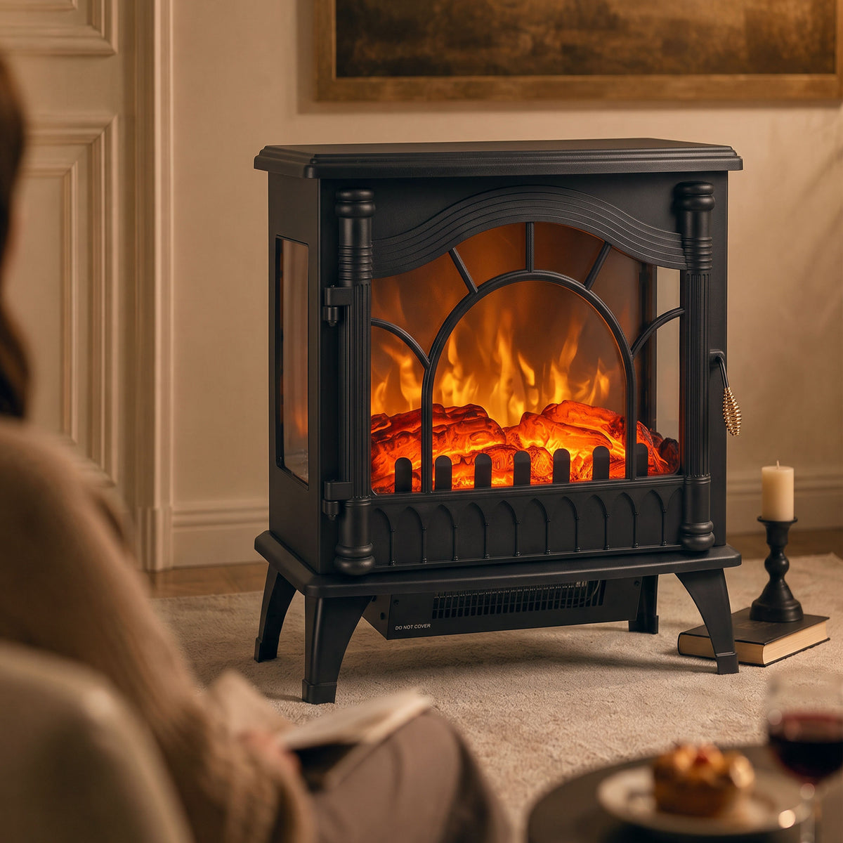 HOMCOM 3-Sided Glass Electric Fire Fan Heater, Electric Fireplace Stove Freestanding Log Burner with Flame Effect, Black