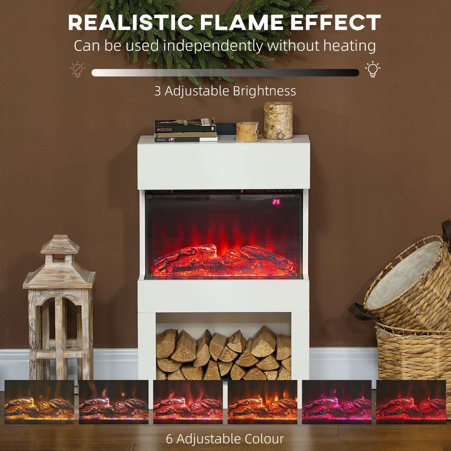HOMCOM 19" Electric Fireplace with Surround, 3D Flame Effect, 6 Colours & 3 Brightness Levels, 1000W/2000W White Electric Fire and Mantel Reach up to 30ãŽ¡ Space with Remote & Timer, 3 Sided View