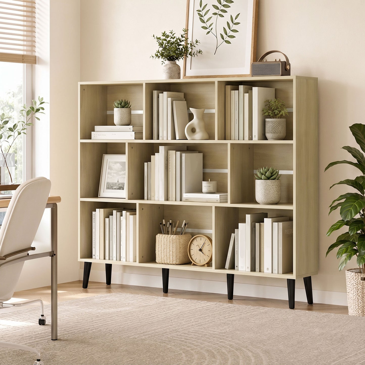 HOMCOM 10-Cube Bookcase, 3-Tier Book Shelf with Solid Wood Legs, 140 cm Modern Bookshelf with Anti-Tip Kit, Oak