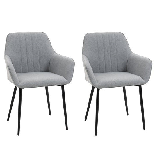 HOMCOM Dining Chairs Set of 2, Upholstered Linen Fabric Kitchen Chairs with Metal Legs for Living Room Dining Room, Light Grey