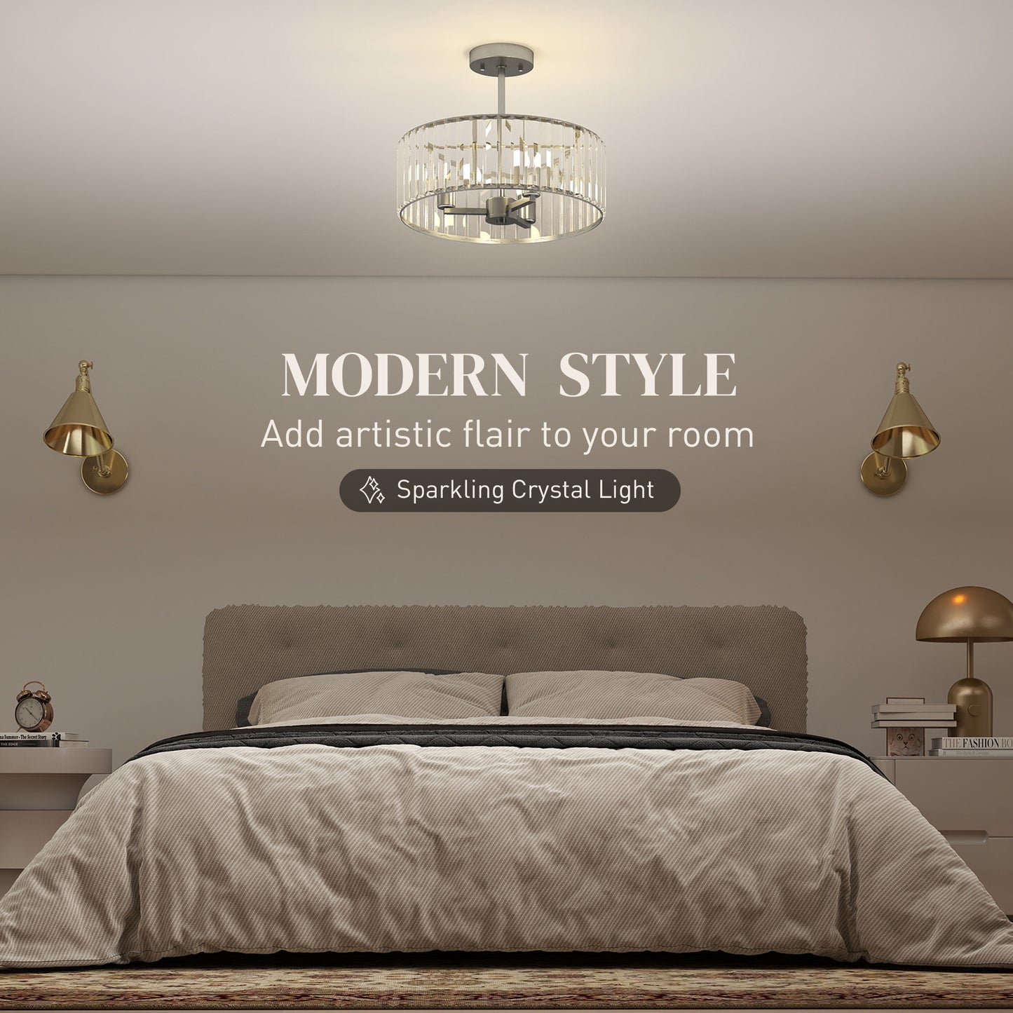 HOMCOM Crystal Ceiling Light Fixture, Semi Flush Mount Modern Crystal Chandelier Ceiling Light for Living Room, Bedroom, Hallway, Dining Room, E14 Base 3-Lights, Bulbs Not Included, Silver Tone