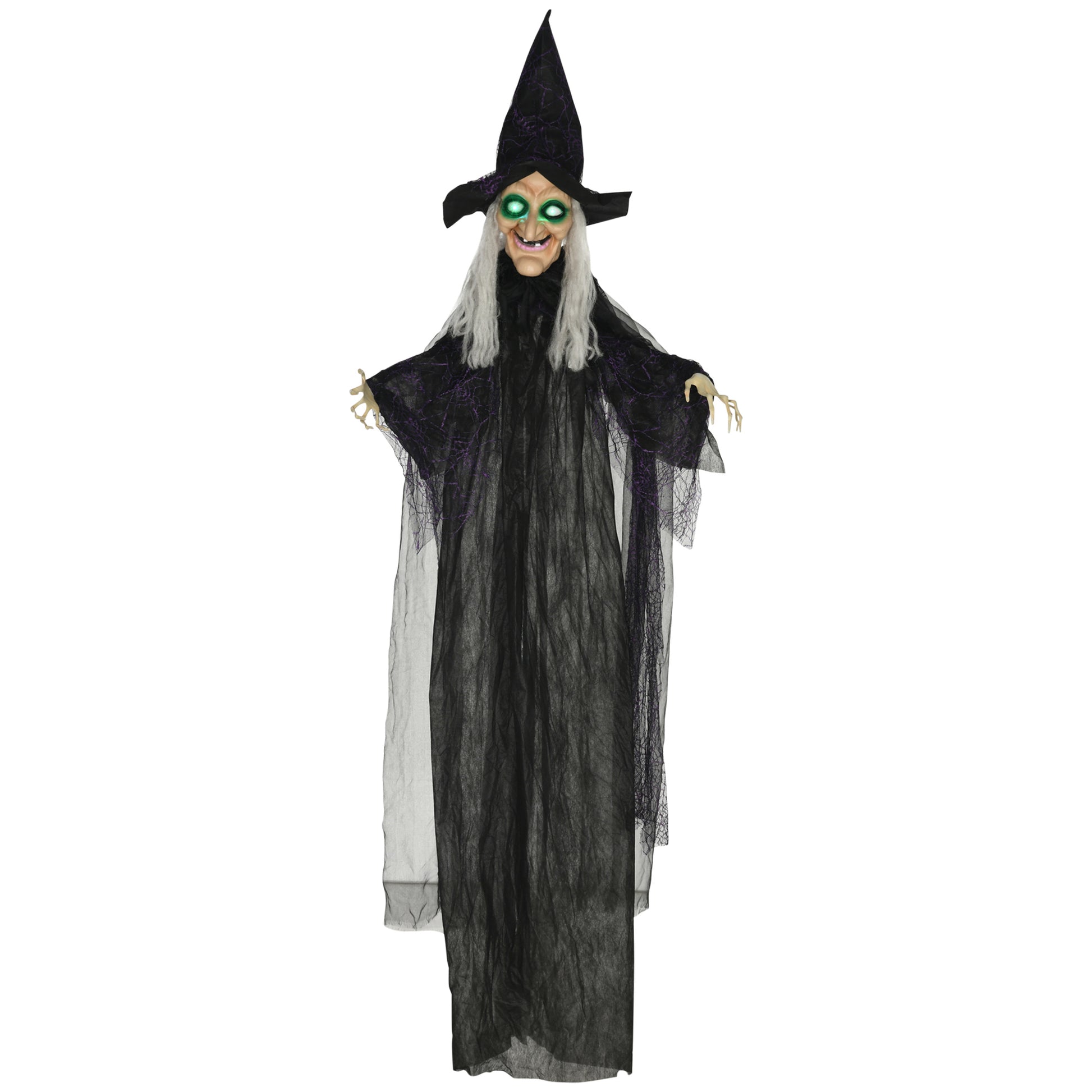HOMCOM 6ft Outdoor Halloween Decoration Witch, Hanging Witch Prop Life Size with Sound and Motion Activated, Light Up Eyes, Talking Sound, Posable Arms Default Title