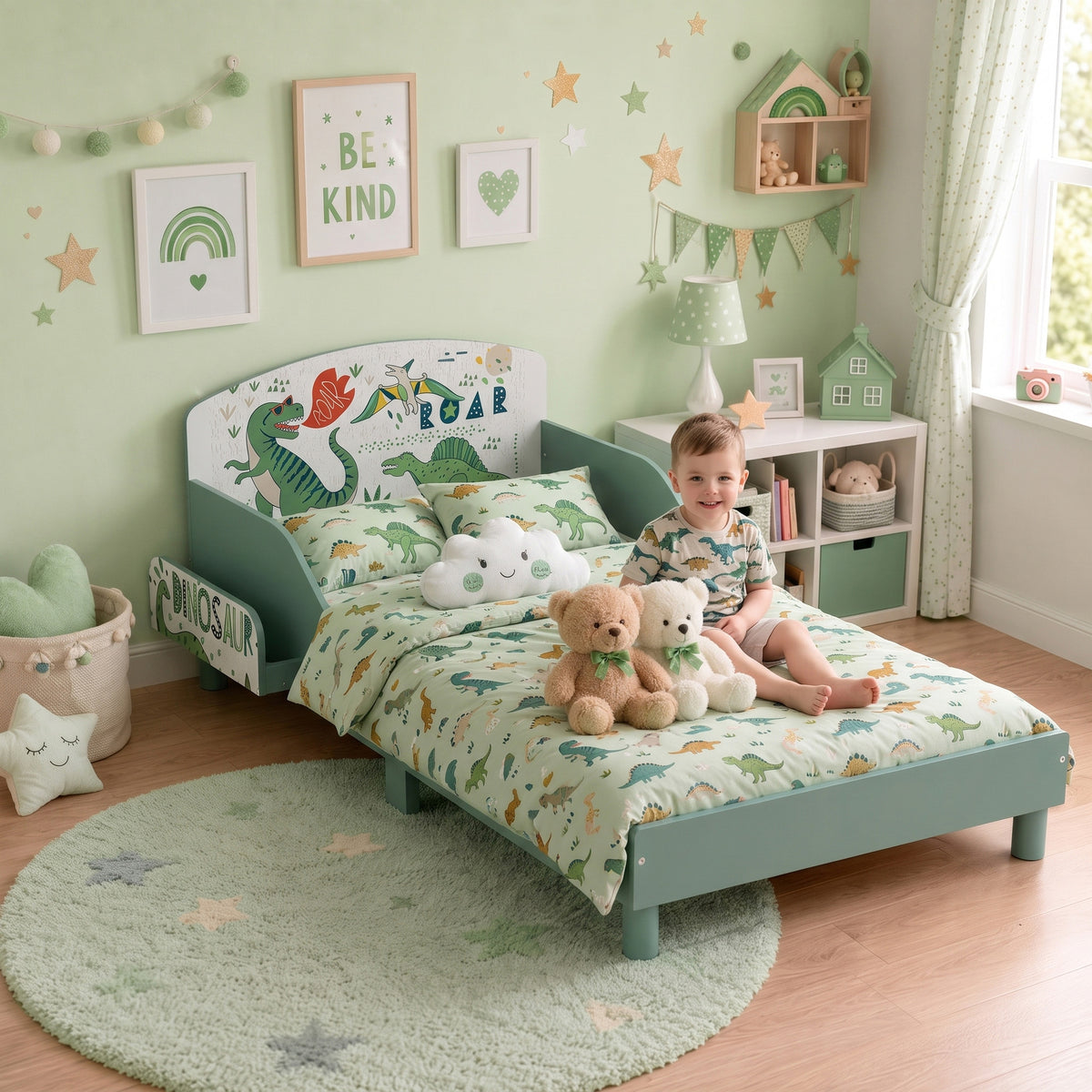 AIYAPLAY Toddler Bed with Bedside Storage and Guard Rails for 3-8, Fits 140 x 70 x 10cm Mattress, Green Dinosaur Print