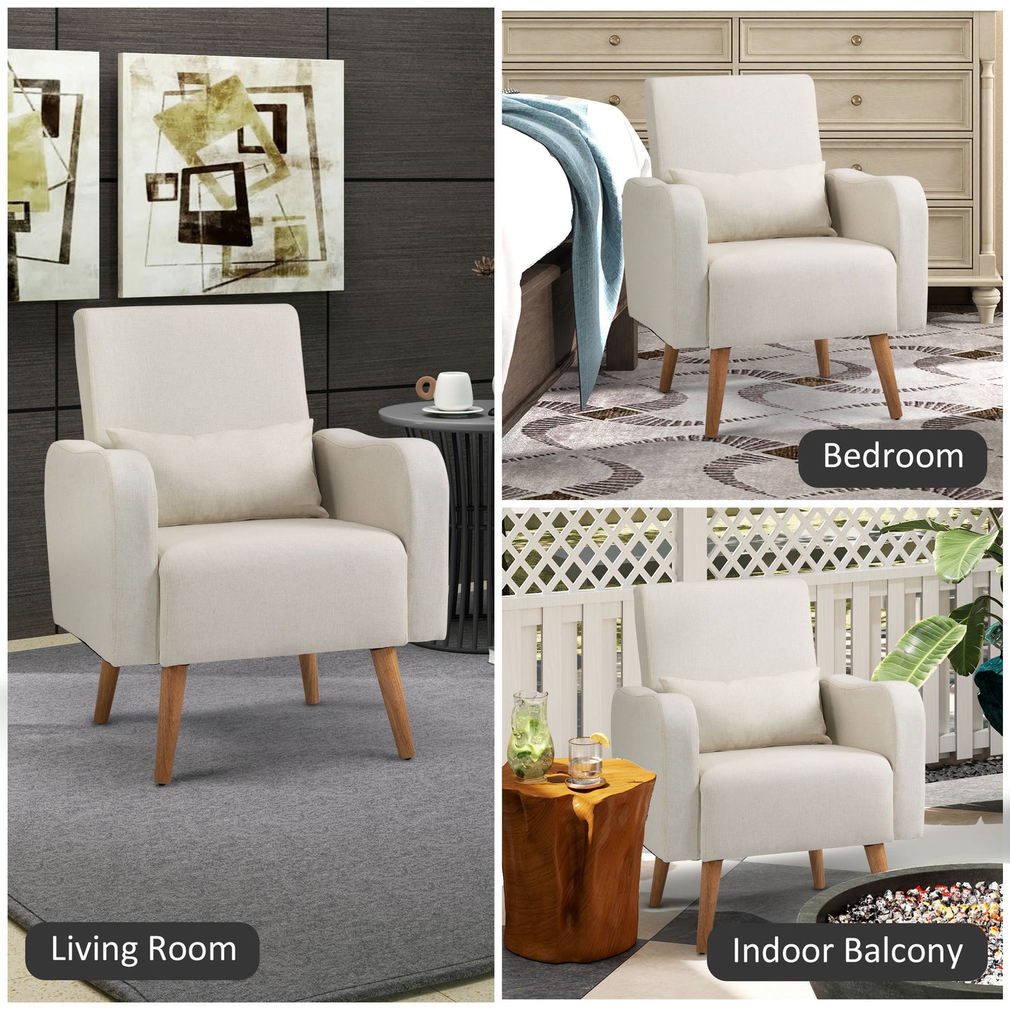 HOMCOM Accent Chair, Linen-Touch Armchair with Pillow, Upholstered Leisure Lounge Sofa for Living Room, Club Chair with Rubber Wooden Frame, Cream