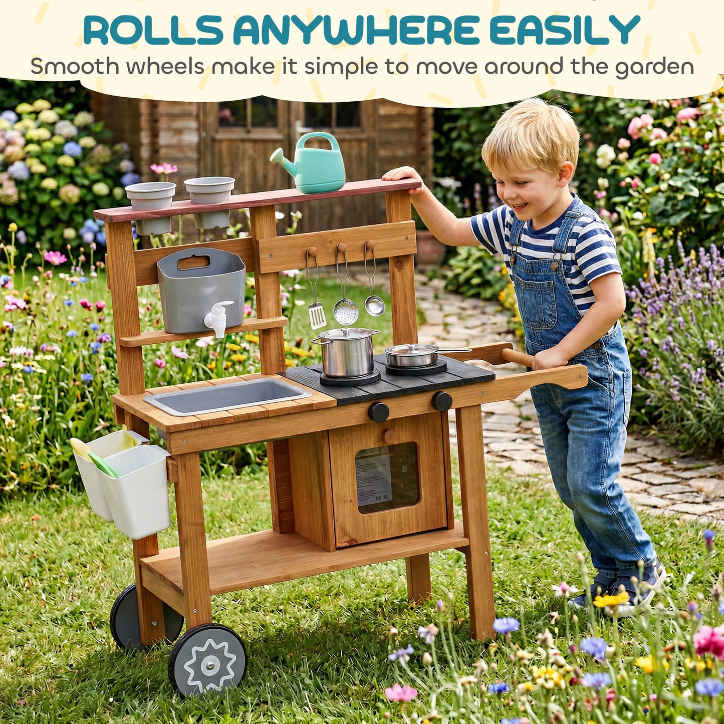 AIYAPLAY Wooden Mud Kitchen with Wheels, Stove, Faucet, Flower Pots, Stainless Steel Accessories for Toddlers 3-6, Brown