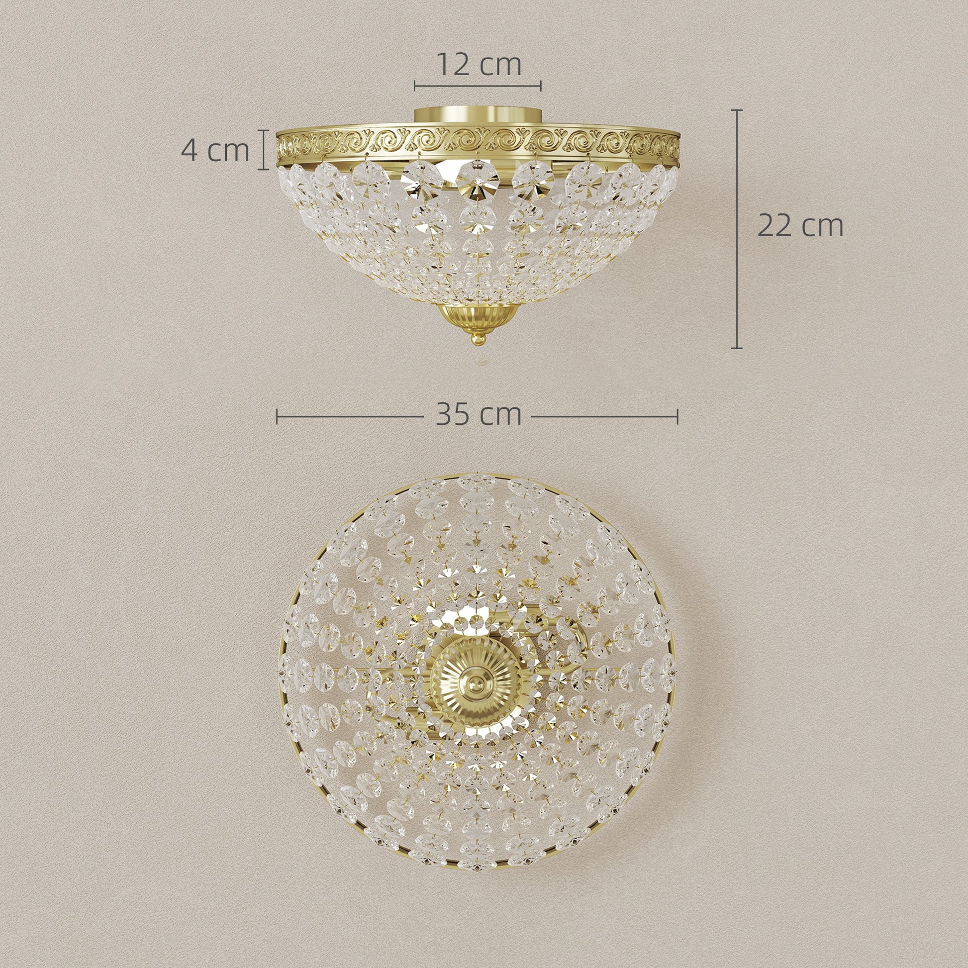 HOMCOM Crystal Chandelier Ceiling Light with 168 Octagonal Beads, Vintage 2-Light Flush Mount Ceiling Light for Living Room, Bedroom, Hallway, Dining Room, Gold Tone