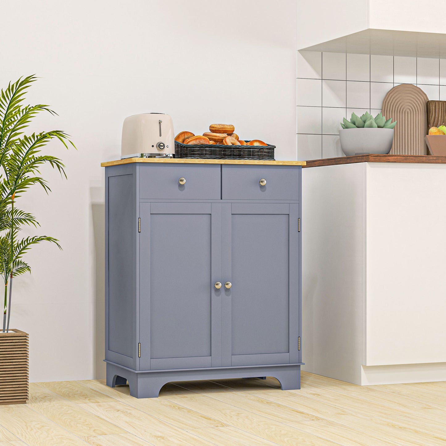 HOMCOM Side Storage Multi-use Sideboard Table Kitchen Floor Cabinet with Solid Wood Top, Adjustable Shelf, Drawer, Grey