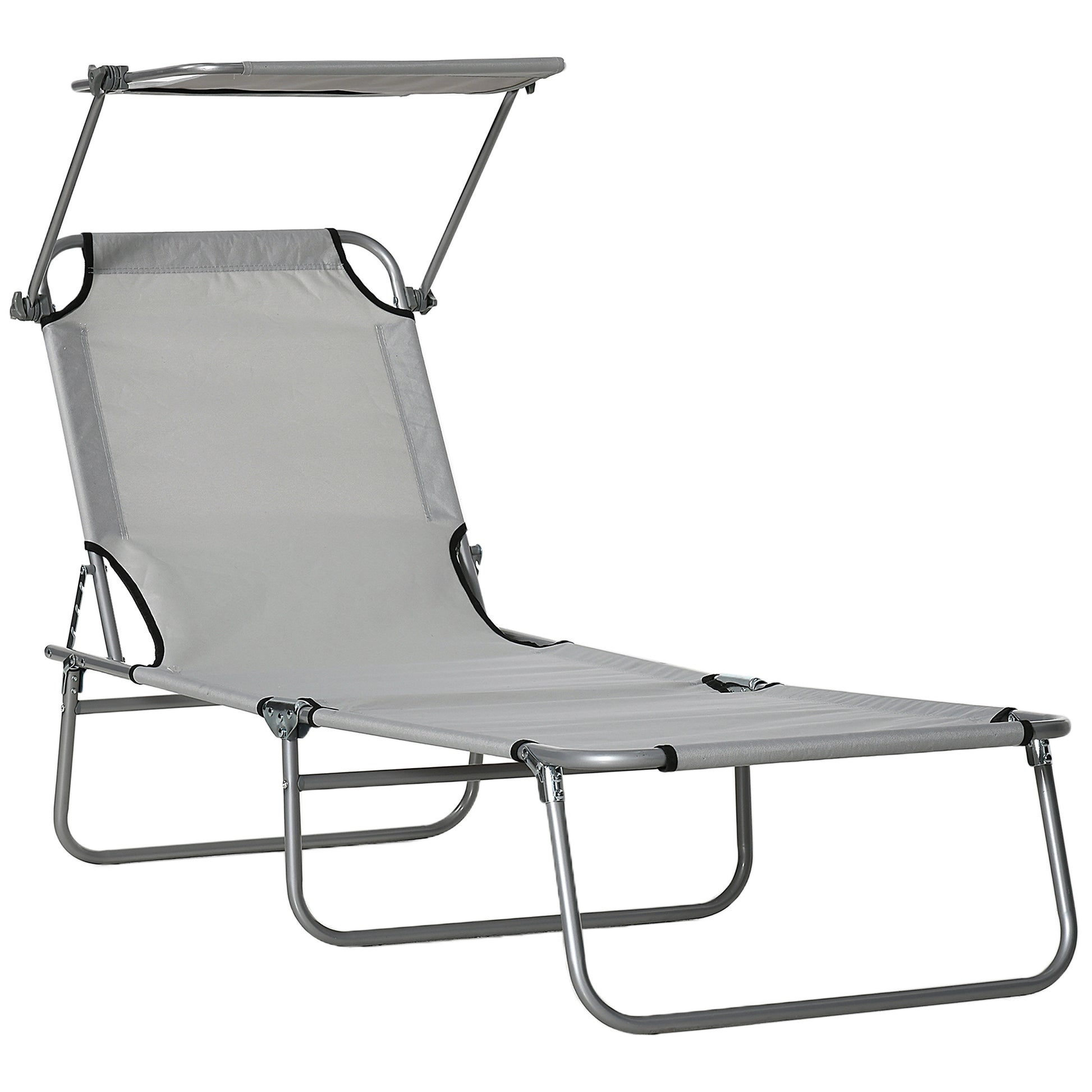 Outsunny Folding Sun Lounger with Canopy, Reclining Sunbed with 4-Position Adjustable Backrest, 600D Oxford Cloth, Portable Garden Lounger Recliner Chair for Beach, Camping, Patio, Light Grey
