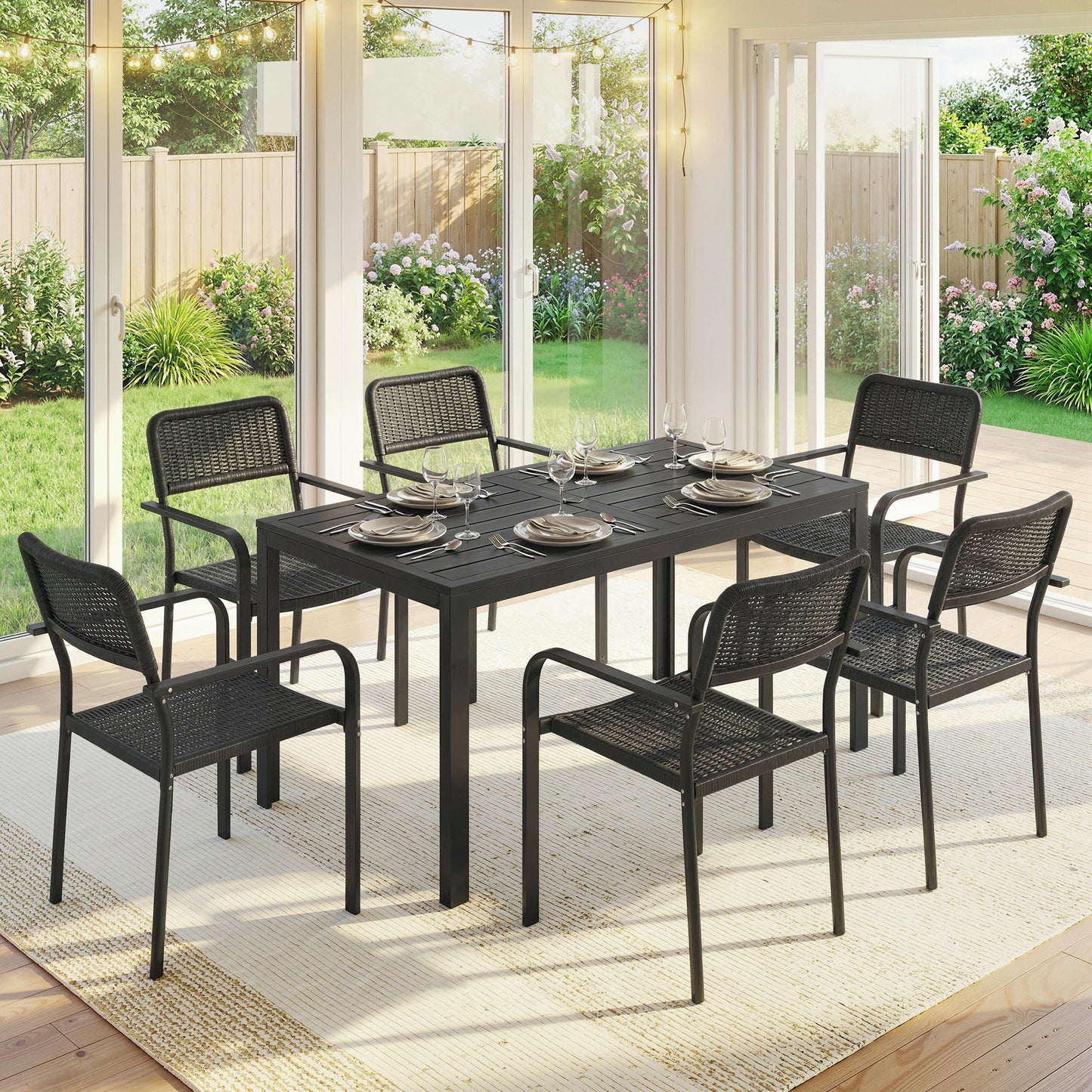 Outsunny Garden Dining Set for 6, Faux Wood Metal Outdoor Table and Stackable Chairs with Plastic Rattan Effect Seat, Black