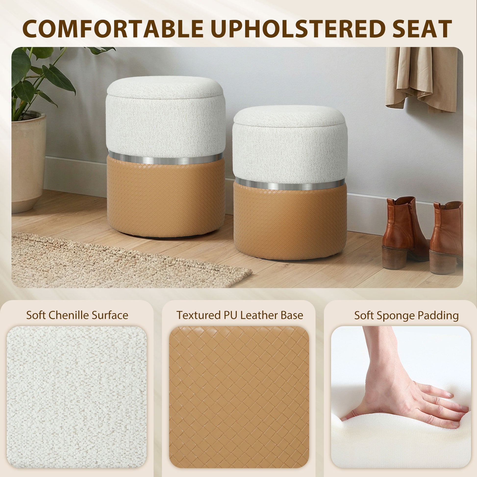 HOMCOM Nesting Round Ottoman with Storage Set of 2 - Cream/Brown