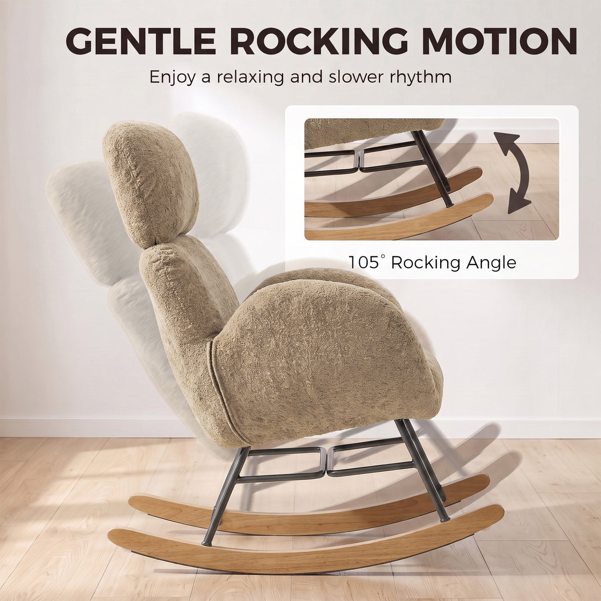 HOMCOM Upholstered Rocking Chair Adjustable Headrest Rocker Chair Raindrop Velvet Rubberwood Base Light Brown