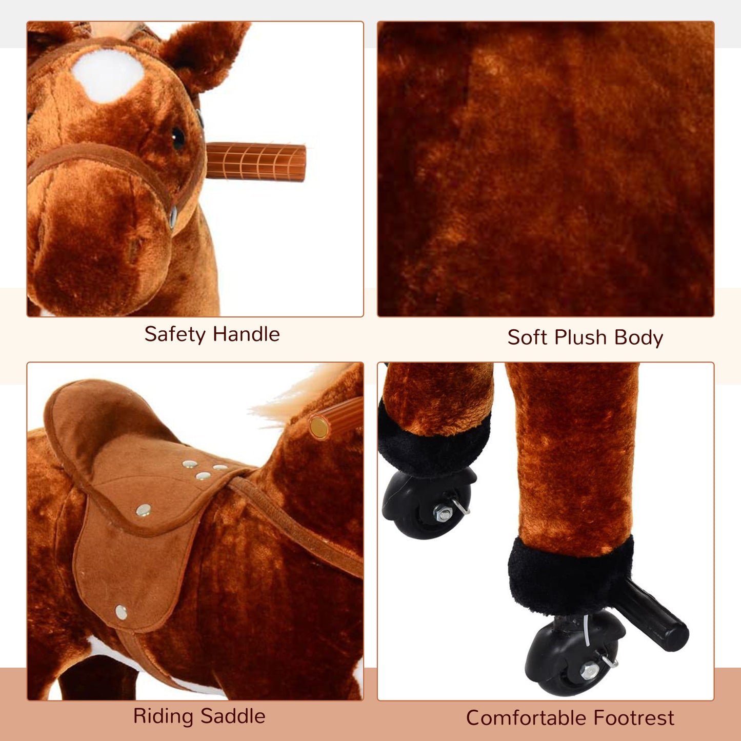 HOMCOM Plush Walking Horse Ride On Toy with Wheels and Realistic Sounds Rocking Horse for Girls Boys 2+ Years Old, 50cm Tall, Brown