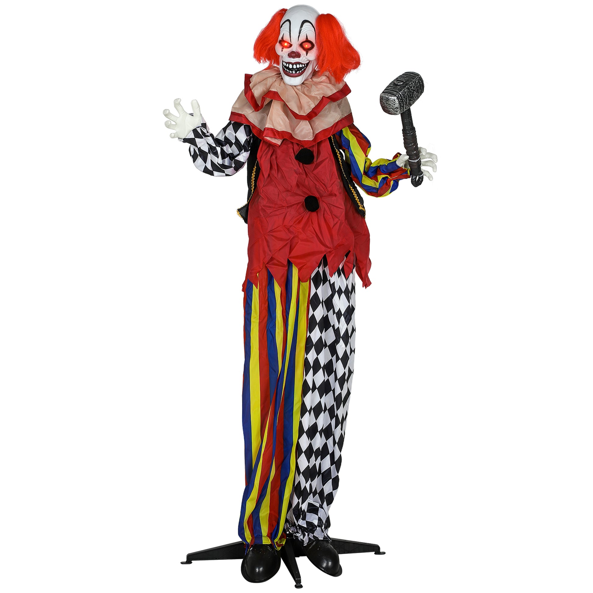 Outsunny 173 cm Life Size Halloween Animated Standing Clown & Hammer with Red Light Up Eyes, Sound Activated Moving Arms & Head, Scary Clown Halloween Decorations, Battery Operated, Indoor Party Props Default Title