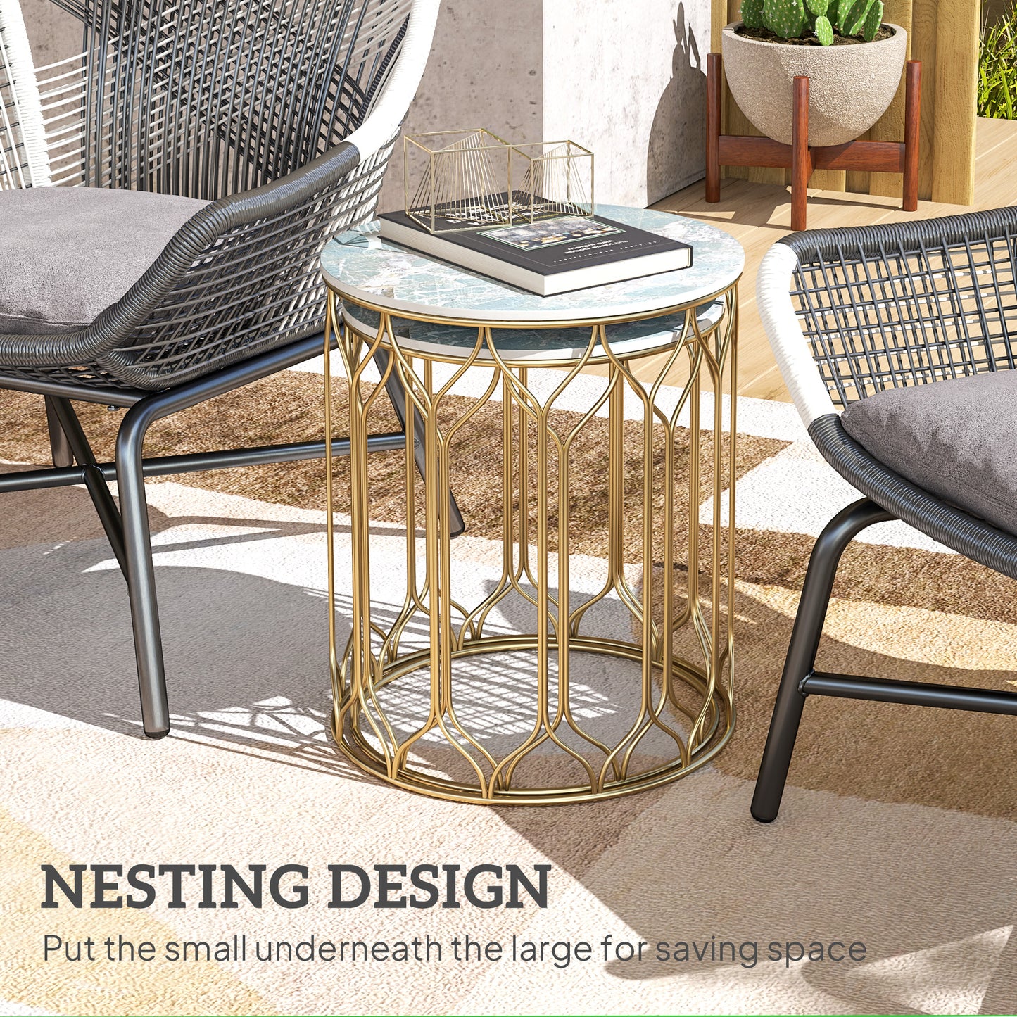 Outsunny Round Coffee Table Set of 2, Modern Nesting Tables with Ceramic Tile Top, Small End Tables, Indoor Outdoor Side Table with Metal Frame for Living Room, Bedroom, Patio, Balcony, Multicoloured