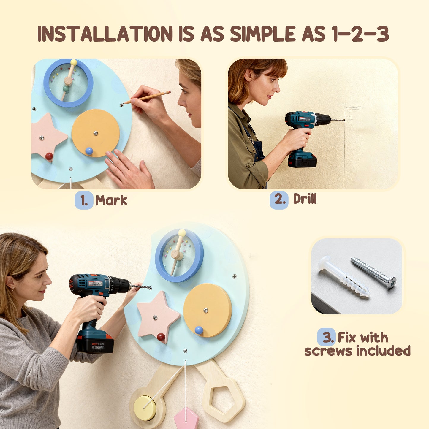 AIYAPLAY Caterpillar Busy Board with 7 Activities, for Nursery, Playroom, Home, for 3+ Years