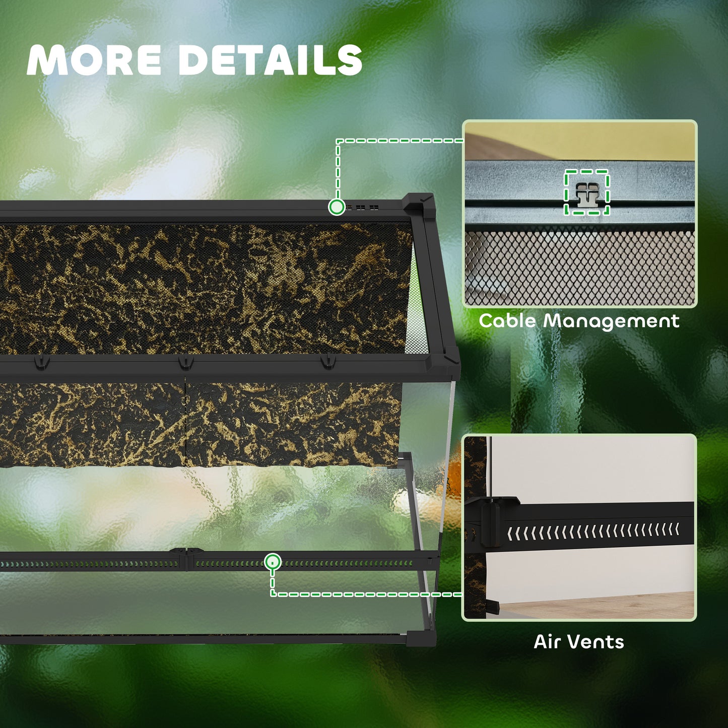 PawHut Reptile Glass Terrarium with Stone Background, Front Ventilation, Escape-Proof Knob Lock, 50 x 30 x 35 cm, Black