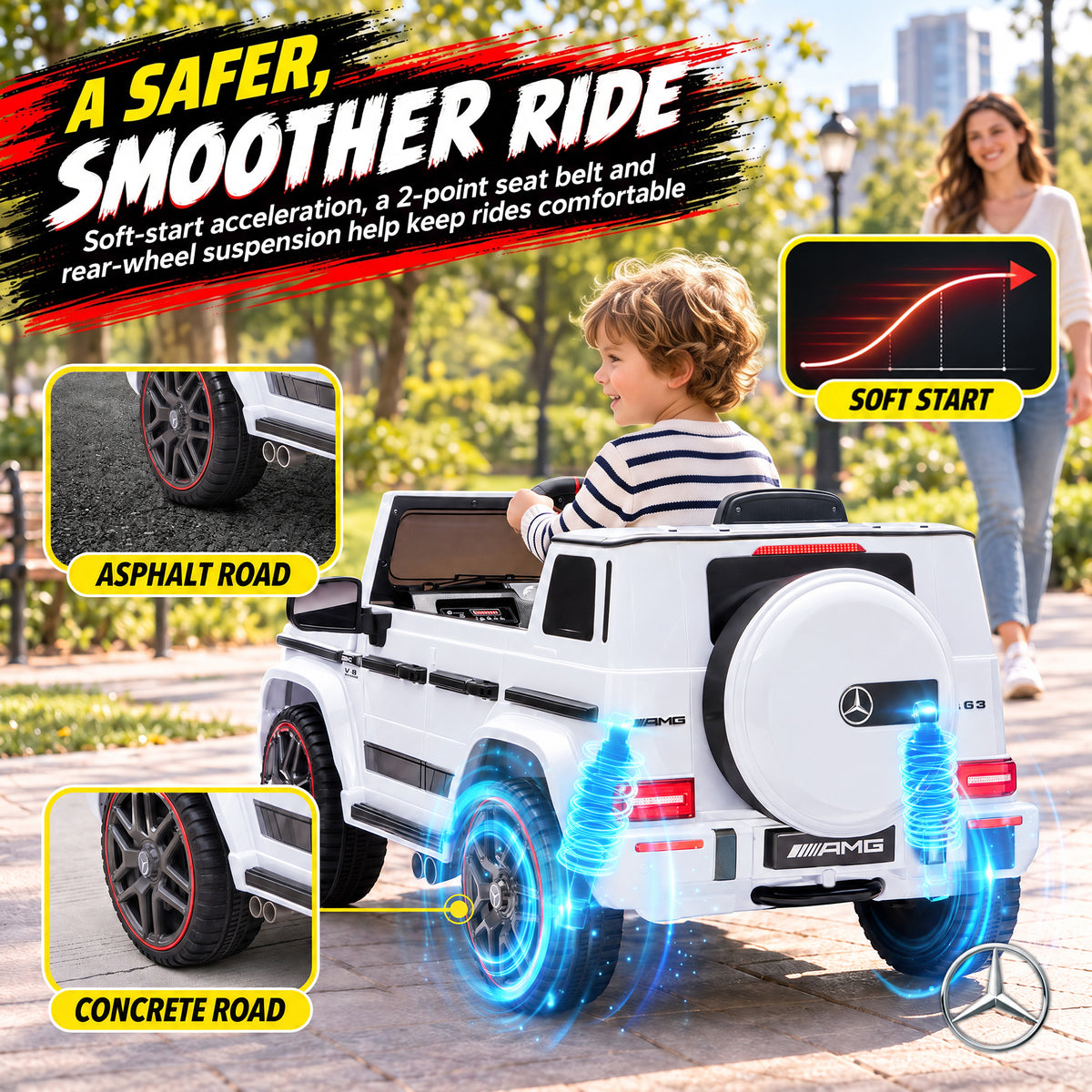 AIYAPLAY Licensed Mercedes-AMG G63 12V Kids Ride on Car with Remote Dual Motors Rear Suspension Slow Start for 3-6 Years, White
