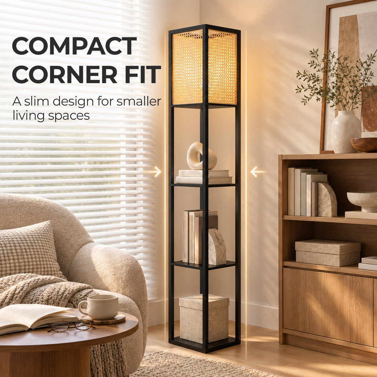 HOMCOM Floor Lamp with Shelves, Rattan Shade and Pull-Chain Switch, 3-Tier Storage Shelves for Bedroom Living Room, Black
