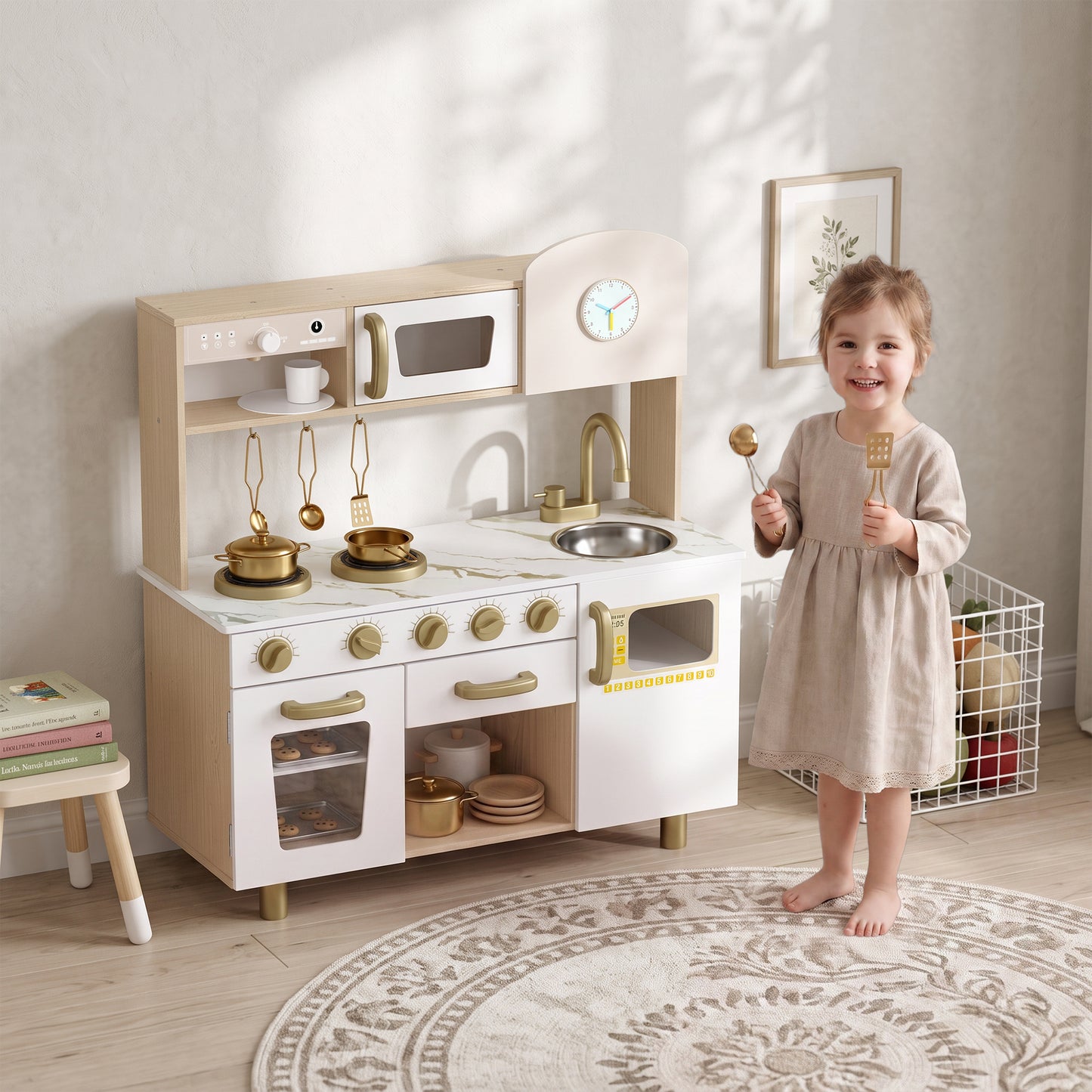 AIYAPLAY Play Kitchen, Kids Kitchen Playset with Rotating Coffee Machine, Storage Shelf, Stove, Gift for Kids 3-6 Years, White