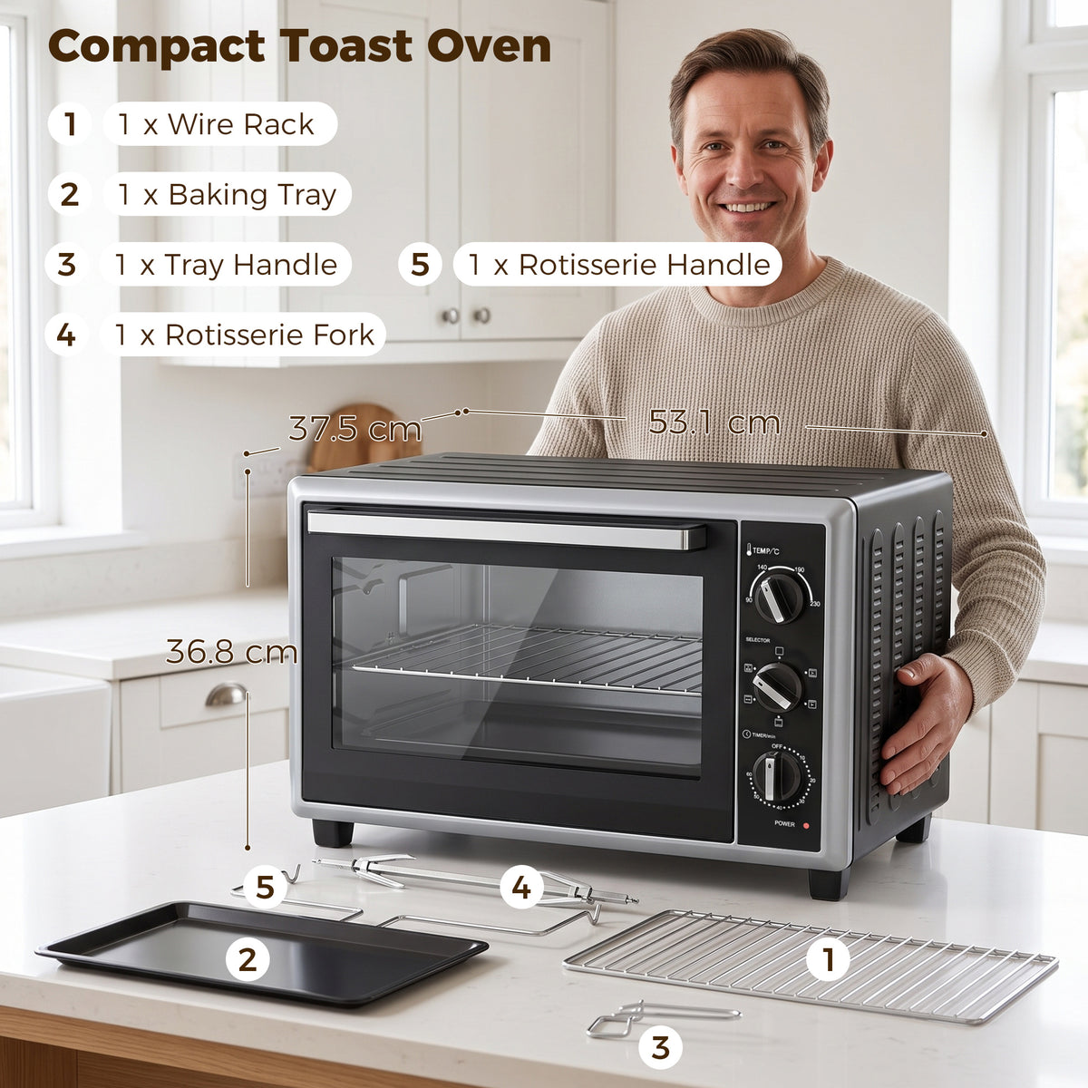 HOMCOM 36L Mini Oven with Convection, Electric Countertop Cooker with Rotisserie, 90â€“230Â°C Adjustable Temperature, 1500 W