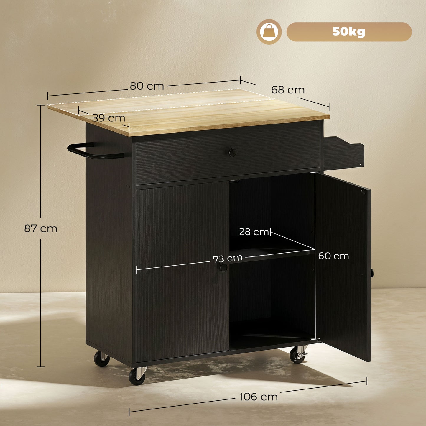 HOMCOM Kitchen Island with Drop Leaf, Rolling Kitchen Storage Trolley on Wheels with Drawer, Spice Rack and Towel Rack, Black