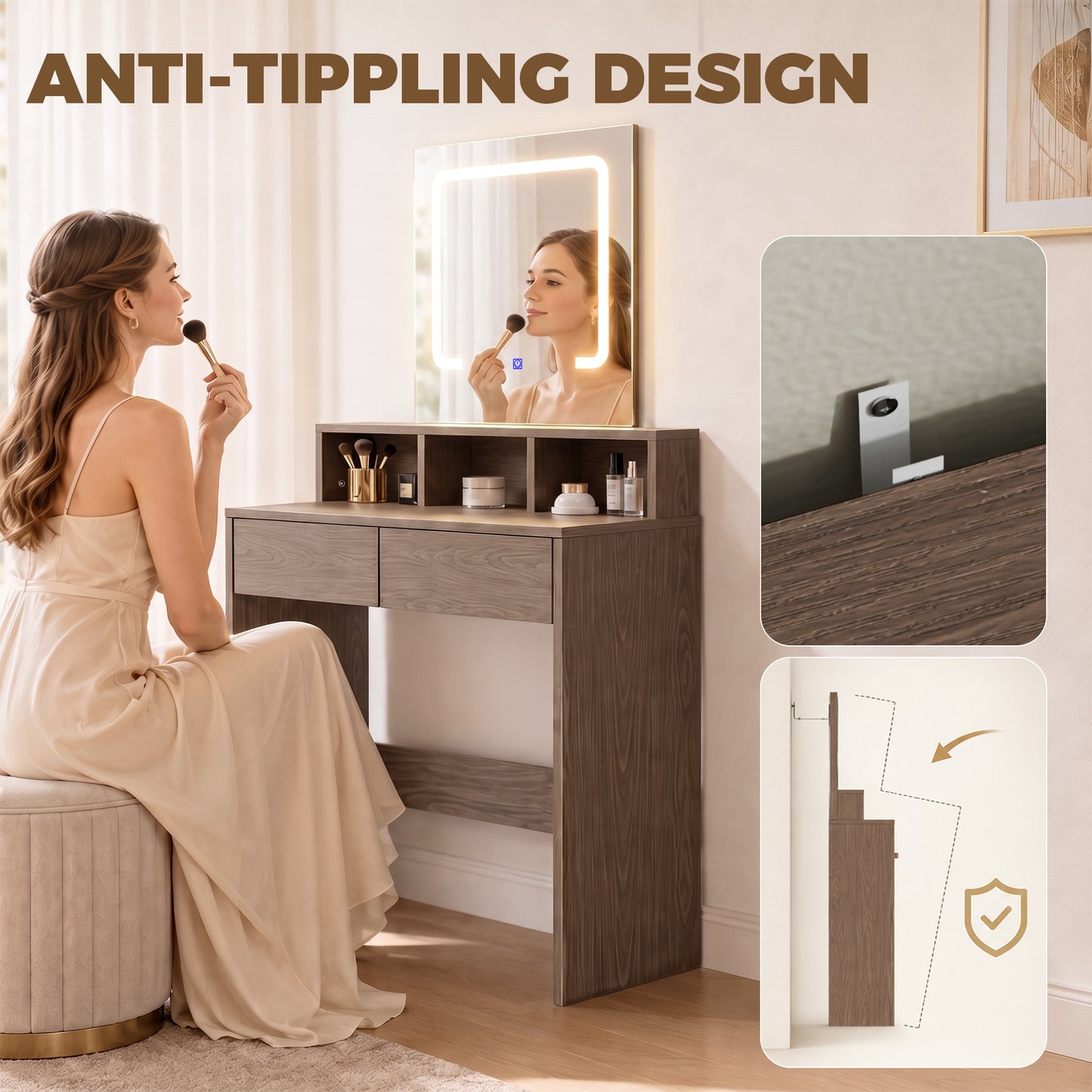 HOMCOM Vanity Table, Dressing Table with Mirror, LED Lights, 2 Drawers, 3 Compartments, 3 Colour Lighting, Walnut