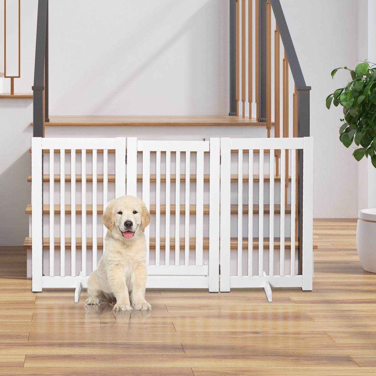 PawHutPet Gates MDF Freestanding Expandable Dog Gate Wood Doorway Pet Barrier Fence w/ Latched Door White