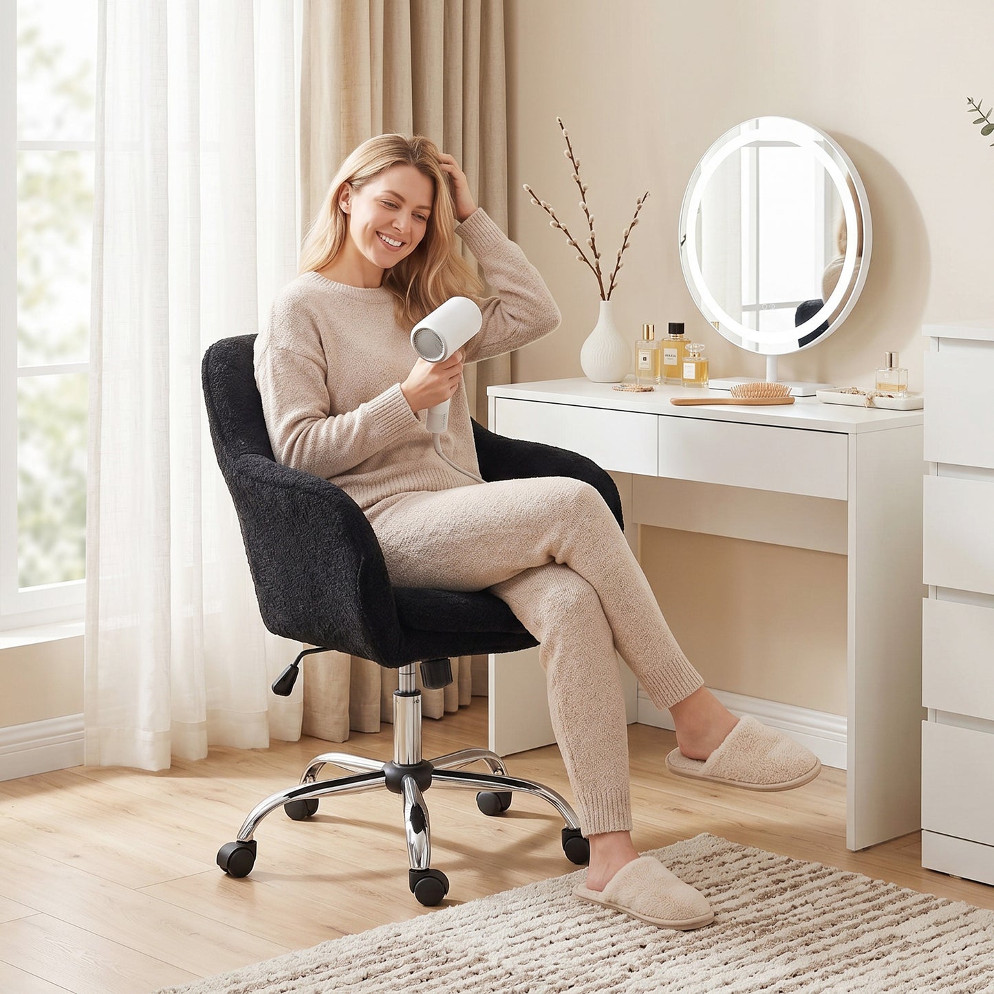 HOMCOM Modern Makeup Vanity Chair, Snow Flannel Office Chair with Tub Back, Black