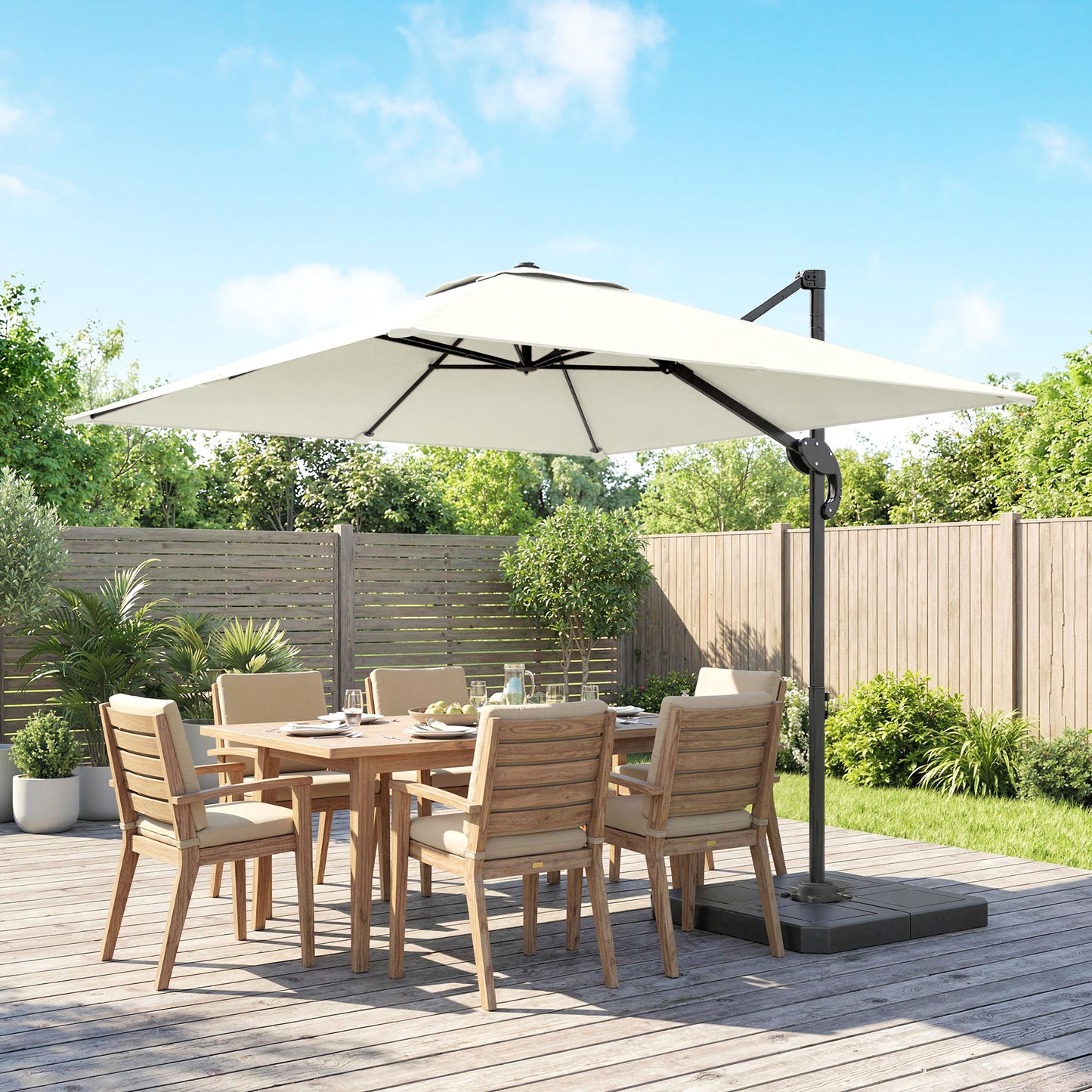 Outsunny 2.4 x 2.4m Cantilever Parasol with Umbrella Weights, UPF50+ Offset Outdoor Umbrella w/ Easy Tilt Adjustment, Cream White