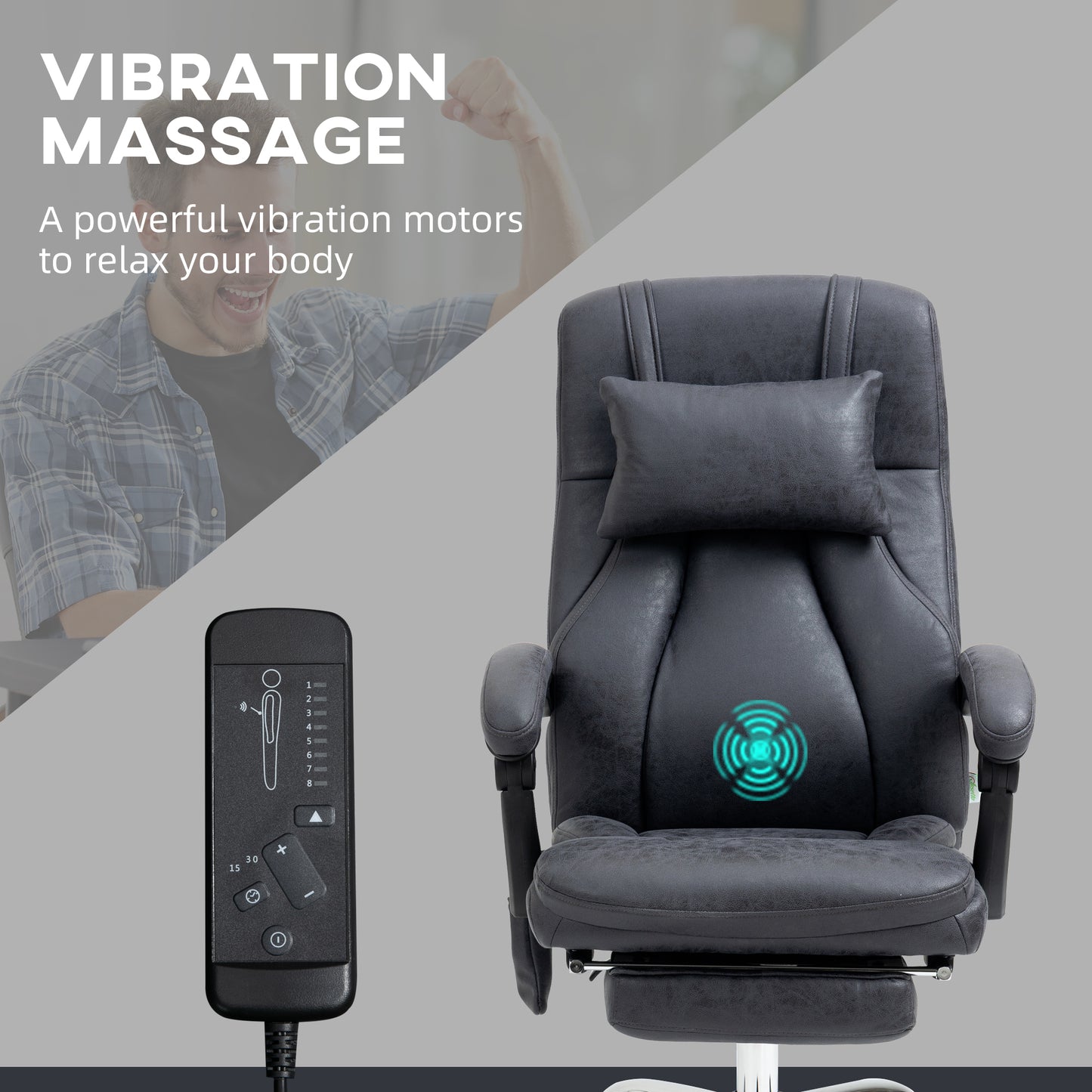 Vinsetto Office Chair with Lumbar Massage, 135Â° Reclining Computer Chair with Adjustable Headrest, Retractable Footrest, 10cm Double Padded Seat, Microfiber Fabric, Metal Base, Dark Grey