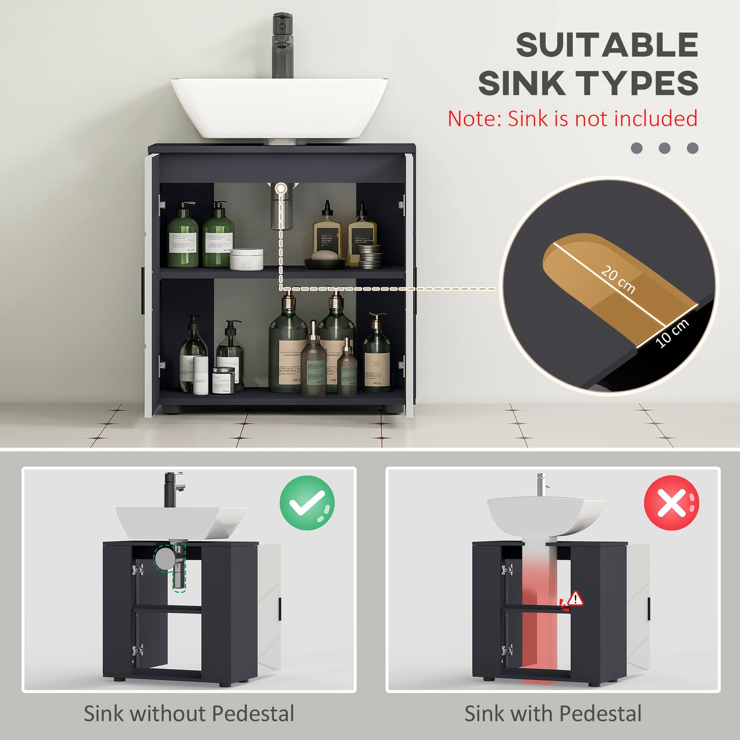 kleankin Under Sink Bathroom Cabinet, Bathroom Vanity Unit, Basin Storage Cupboard with Double Doors and Shelf, 10W x 20Dcm "U" Cut-Out, Light Grey