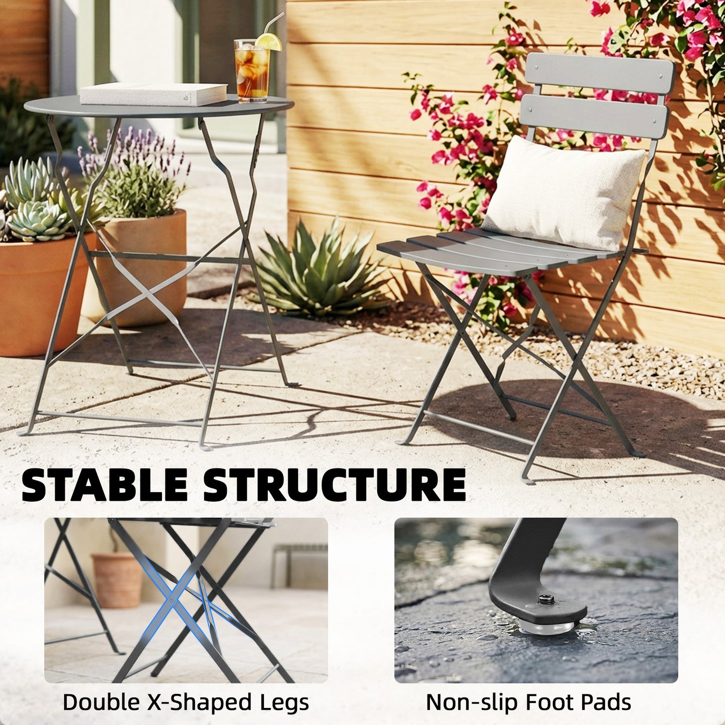 Outsunny Folding Garden Bistro Set, Outdoor Round Bistro Table and Chairs Set 2 with Electrophoresis Metal Frame, Grey