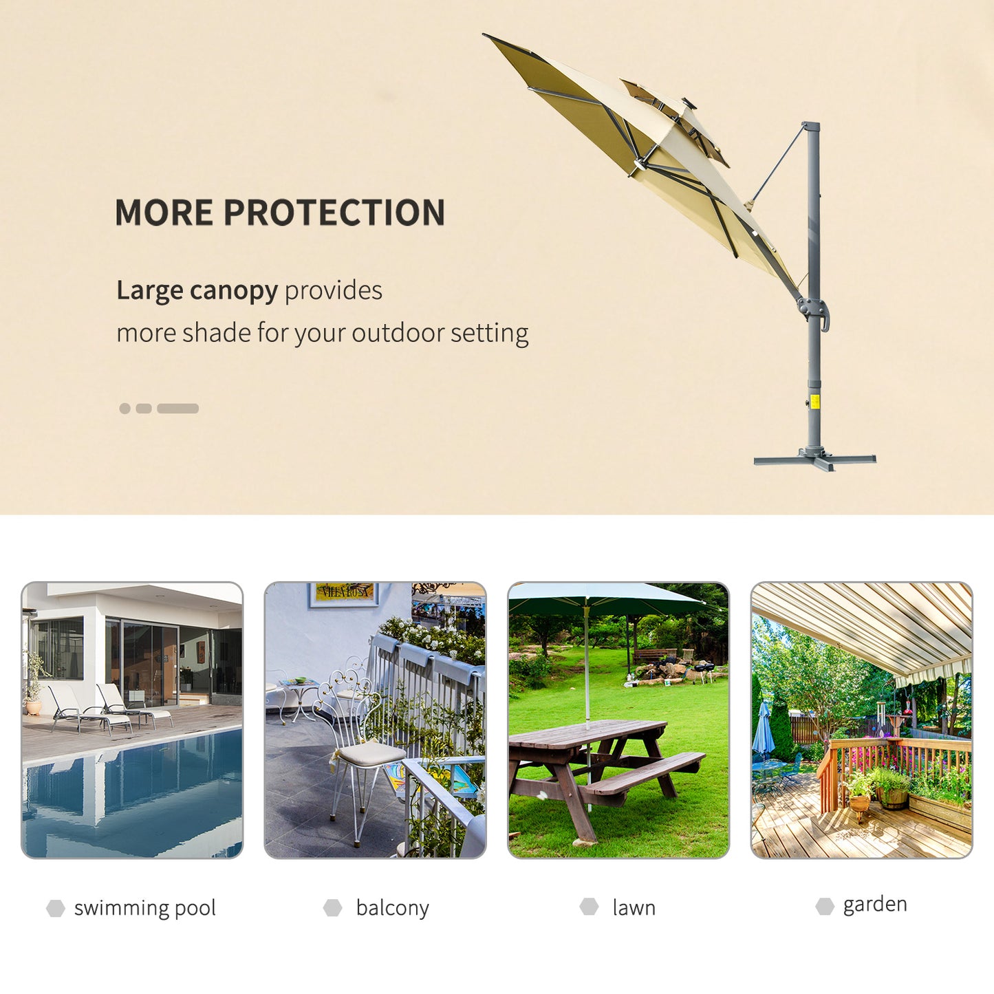 Outsunny 3m Cantilever Parasol w/ Solar Lights Power Bank Base 360Â° Spin Khaki