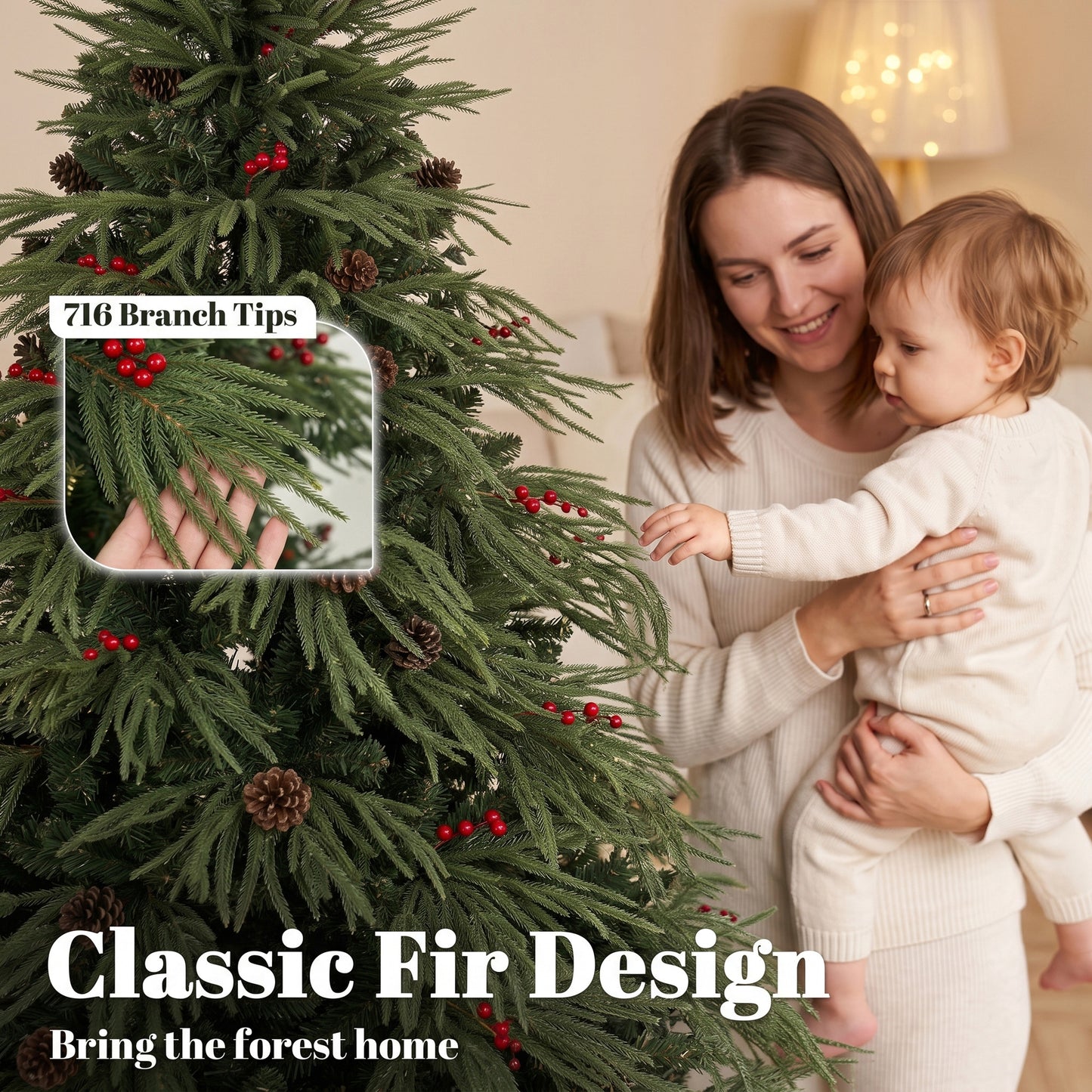 HOMCOM 6ft Artificial Christmas Tree with Pinecones, Red Berries, Hinged Predecorated Xmas Tree with 2843 Branch Tips