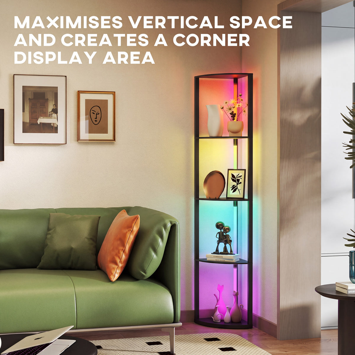 HOMCOM RGB LED Floor Lamp with Shelves, 4-Tier Dimmable Standing Lamp with Adjustable Brightness and Remote Control, Black