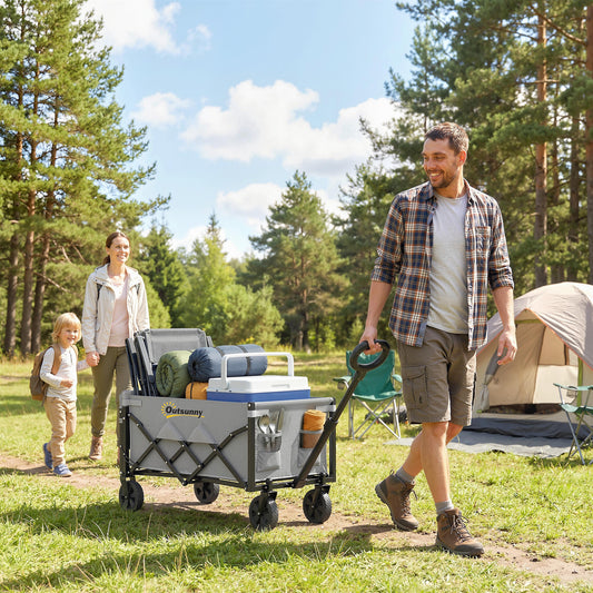 Outsunny 60L Foldable Festival Trolley on Wheels, Collapsible Wagon Cart with Drop-Down Tailgate, Adjustable Handle, Grey