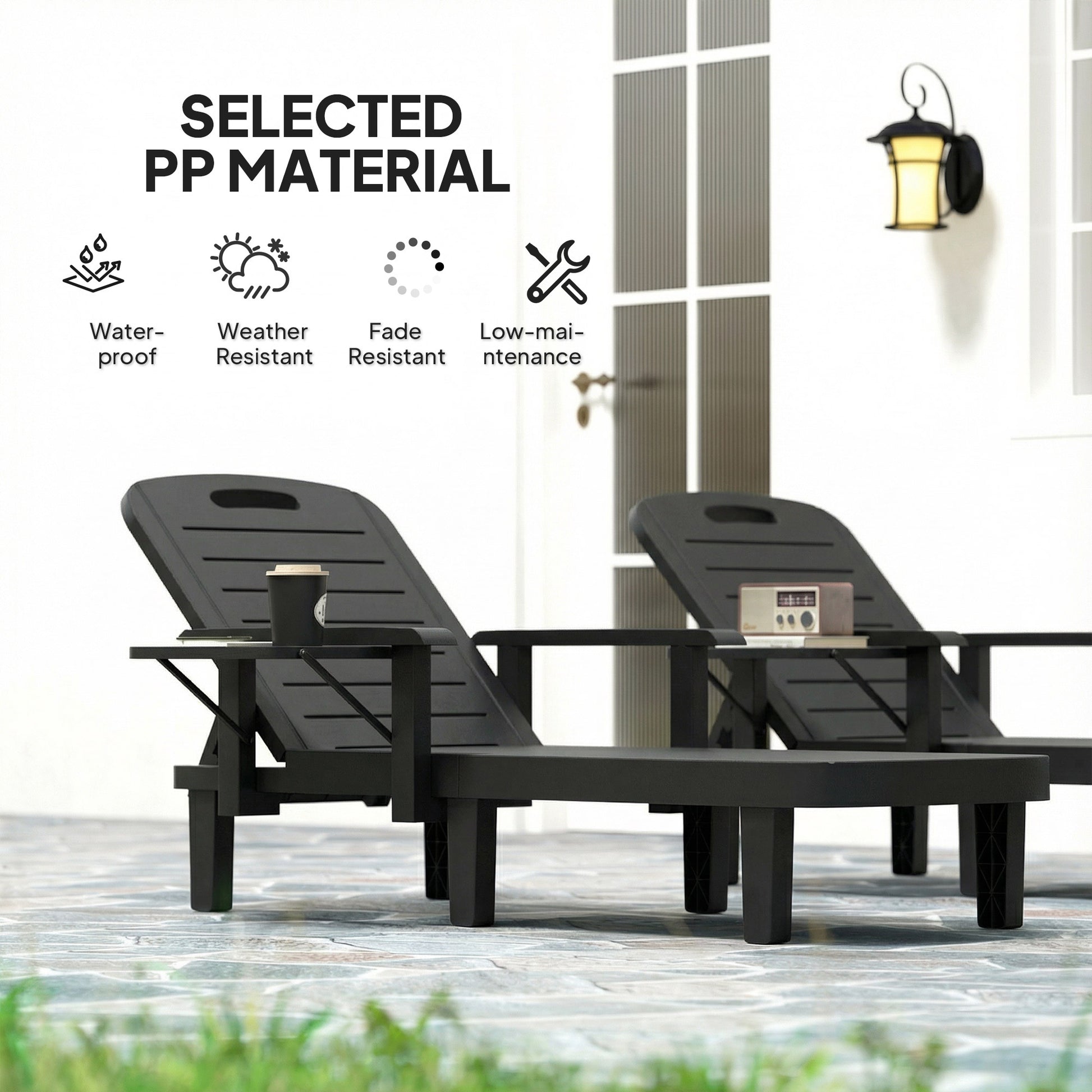Outsunny Set of 2 Reclining Sun Loungers, 5 Positions Adjustable Outdoor Chaise Lounge Chair with Armrests, Black