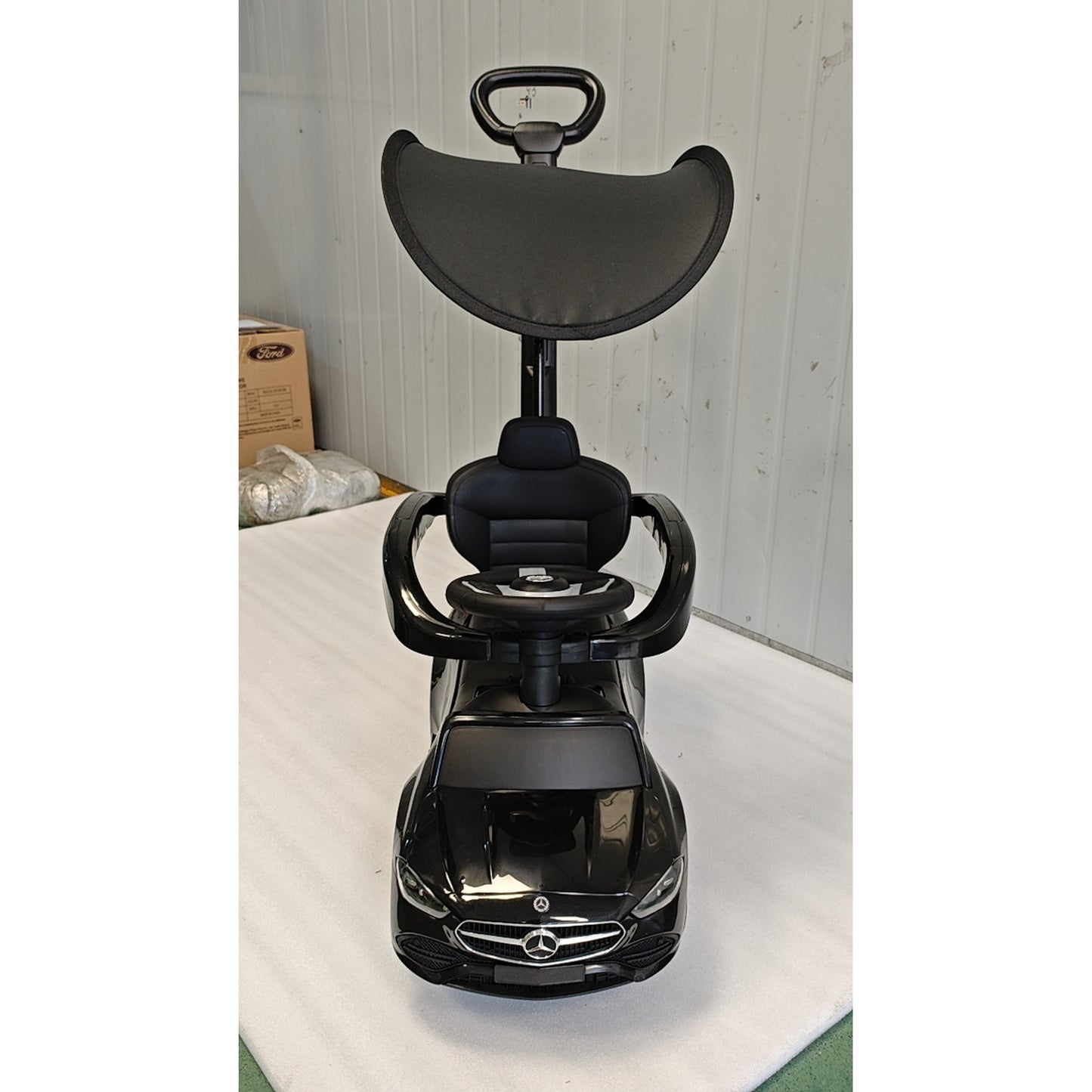 AIYAPLAY 3 in 1 Licensed Benz Ride on Push Car with Handle, Canopy, Guardrails, Horn, Music, Storage for 12-36 Months, Black