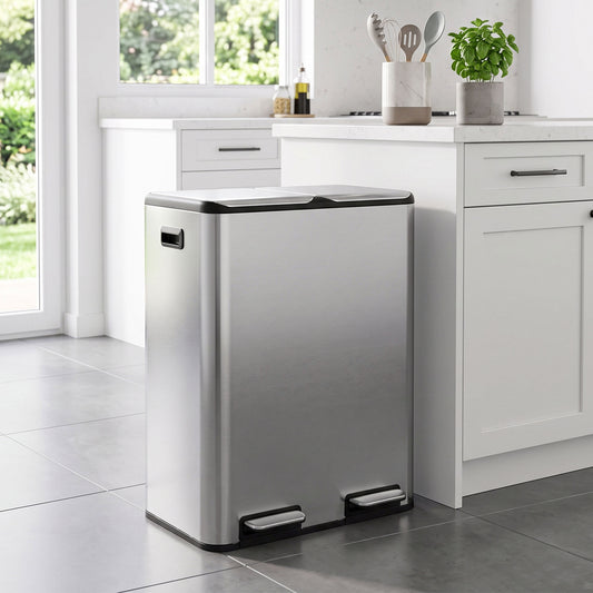 HOMCOM 2 x 30L Double Kitchen Bin, Stainless Steel Pedal Rubbish Bin with Dual Compartments, Soft Close Lids, Silver Tone