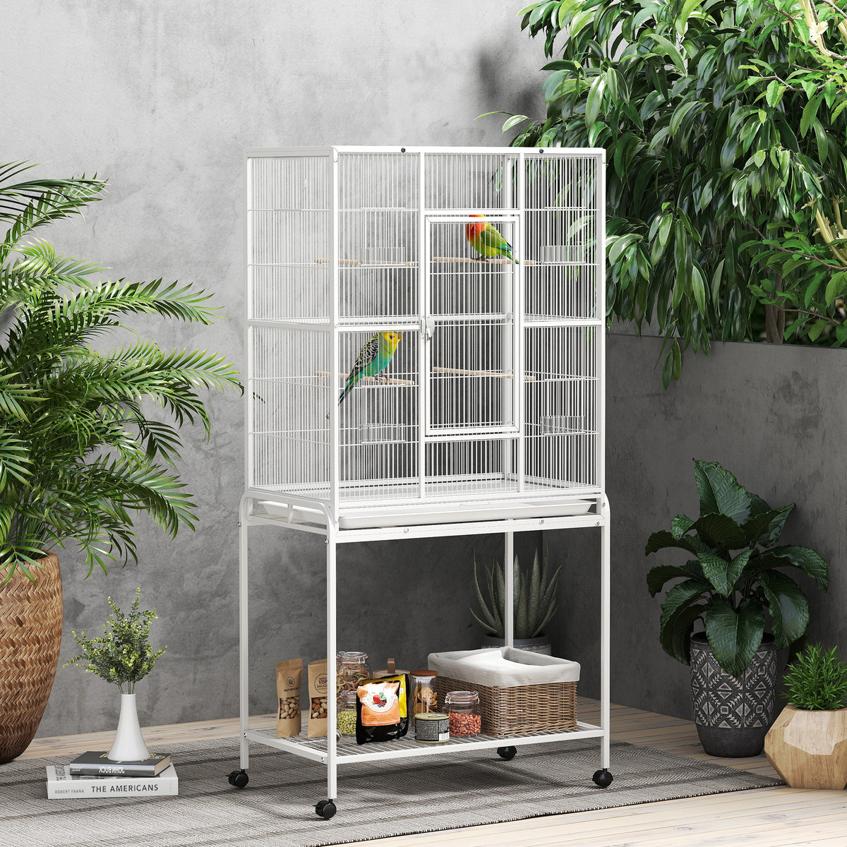 PawHut Large Bird Cage Budgie Cage with Stand, Storage Shelf, Wood Perch for Parrot, 81 x 48 x 162.5 cm, White