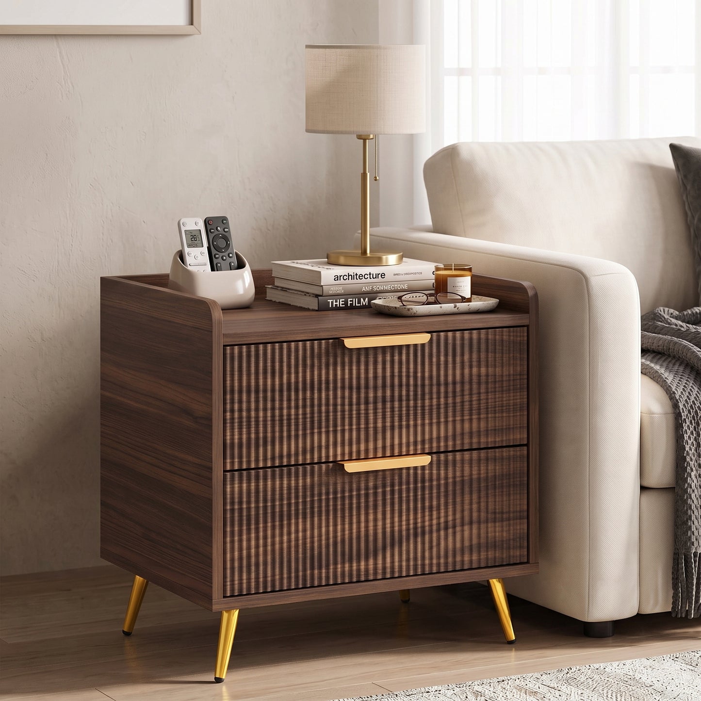 HOMCOM Elegant Two-Drawer Bedside Table - Walnut Brown