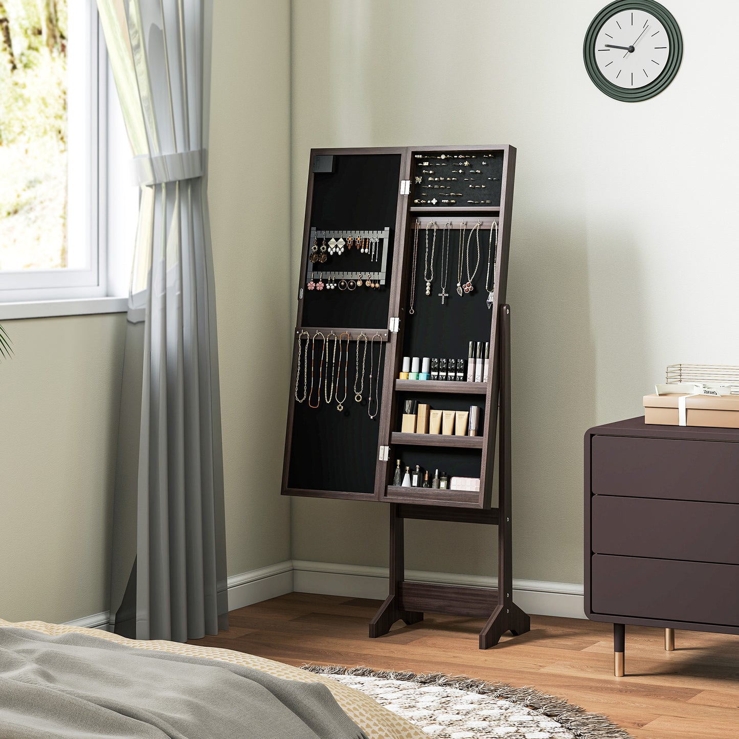 HOMCOM Freestanding Mirrored Jewellery Storage Cabinet - Dark Brown