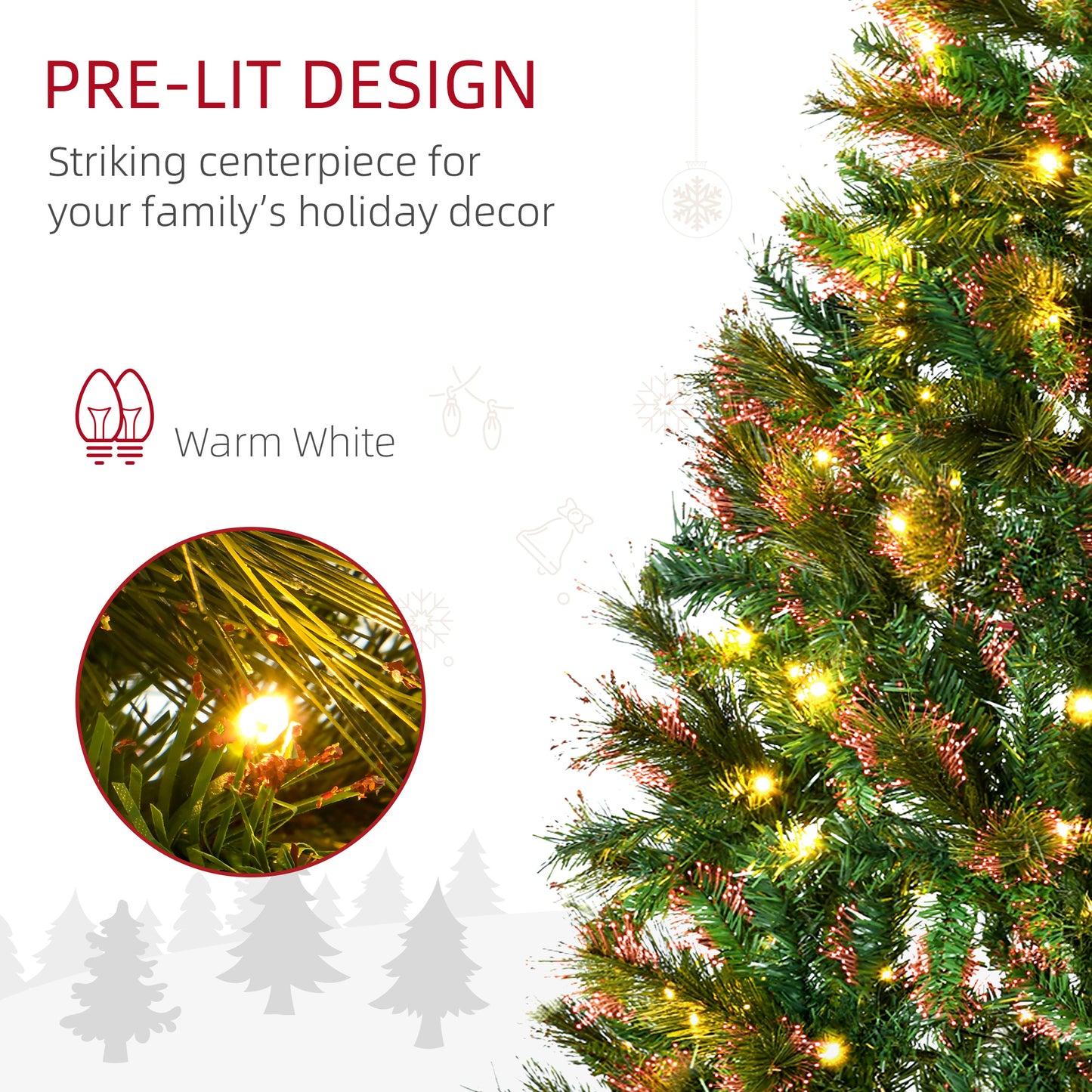 HOMCOM 1.5m 5ft Pre-Lit Christmas Tree Artificial Spruce Xmas Tree Warm White LED Holiday DÃ©cor with Metal Stand