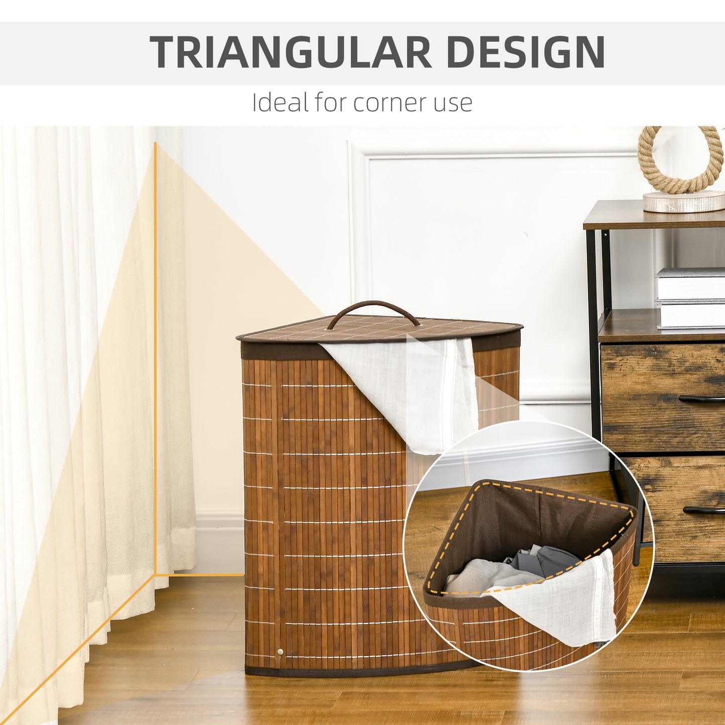 HOMCOM Bamboo Laundry Basket with Lid, 55 Litres Laundry Hamper with Removable Washable Lining,  Corner Washing Baskets, 38 x 38 x 57cm, Brown