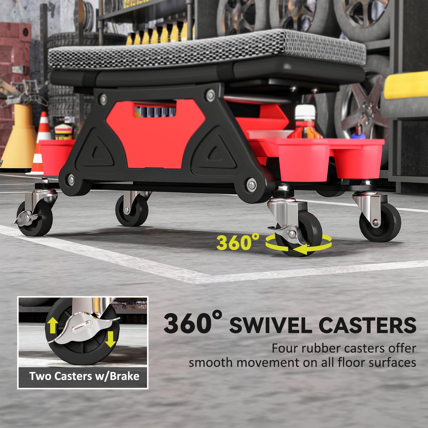 HOMCOM Rolling Mechanic Stool, 135kg Capacity Workshop Stool, 360° Swivel Roller Padded Creeper Seat with Wheels, Slide Out Tool Trays and Drawer for Garage, Shop, Auto Repair, Black