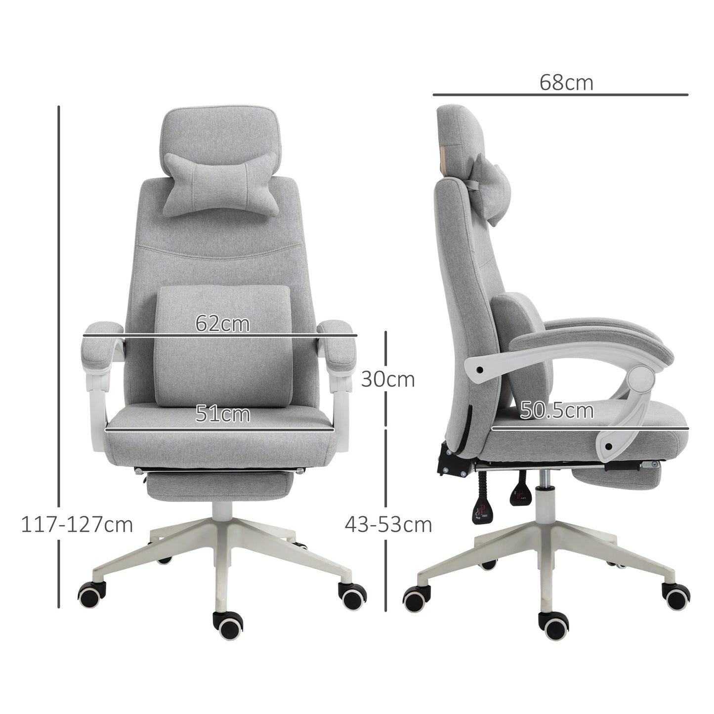 Vinsetto Office Chair, Ergonomic Desk Chair, High Back Fabric Work Chair with 160Â° Reclining Backrest, Retractable Footrest, Neck and Lumbar Pillow for Home and Study, Grey